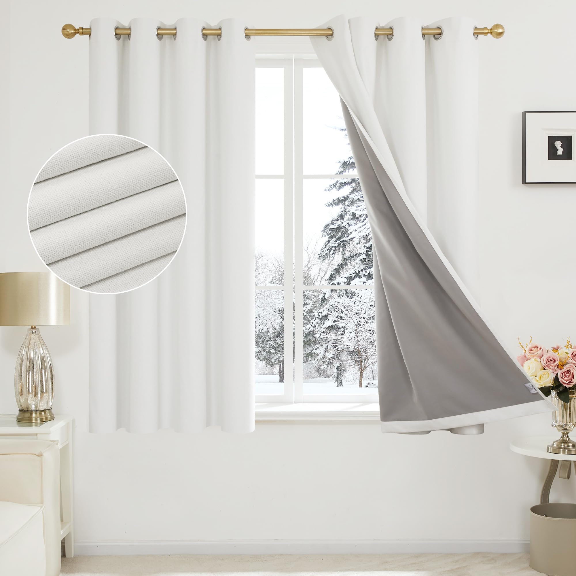 Deconovo Faux Linen Full Blackout Curtains with Coating, Energy Saving Thermal Curtains