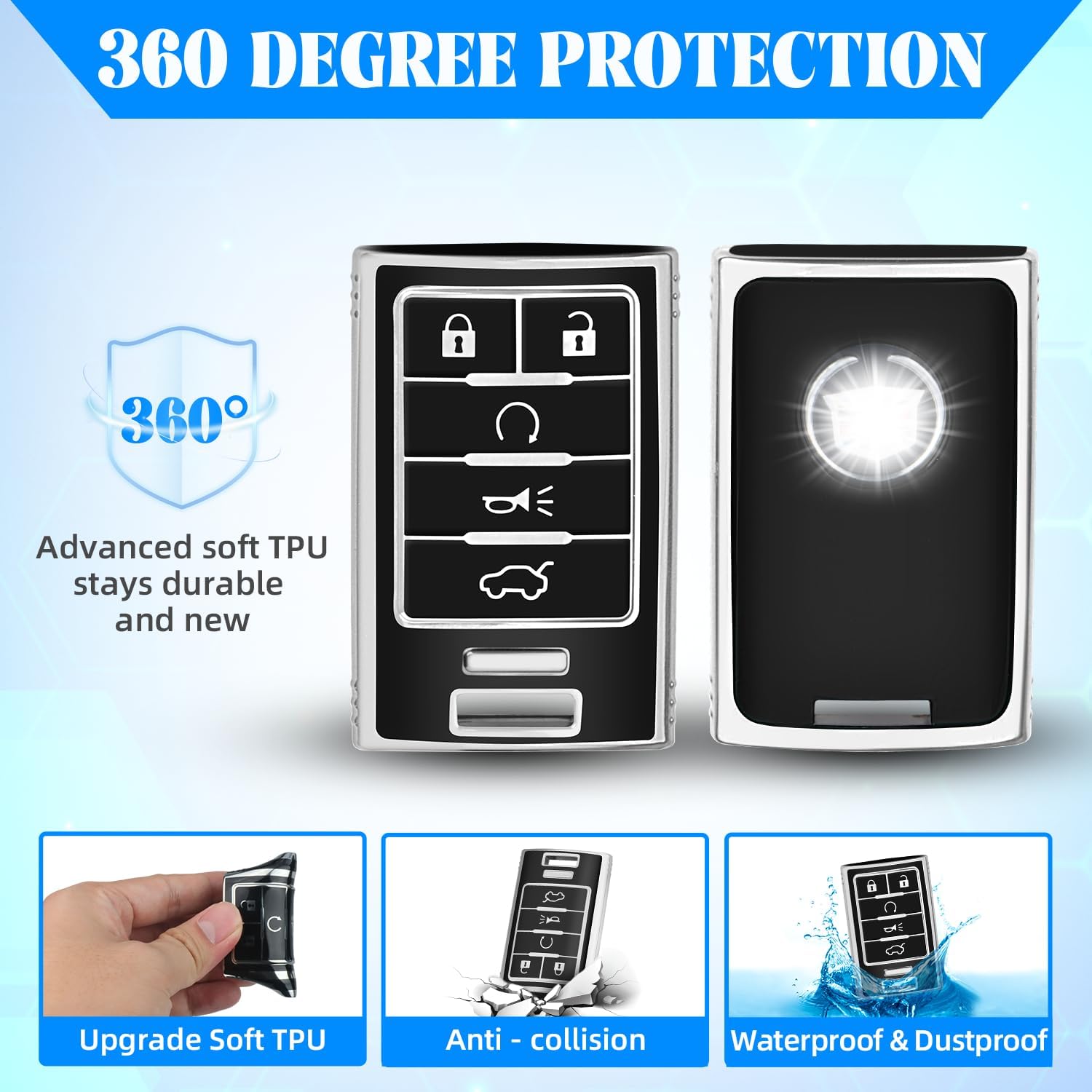 QBUC for Cadillac key Fob Cover, Soft TPU Car Key Protector with Keychain Key Case Compatible with 2006-2014 CTS DTS SRX Escalade ATS XTS STS Impala Carlo (S-Black)