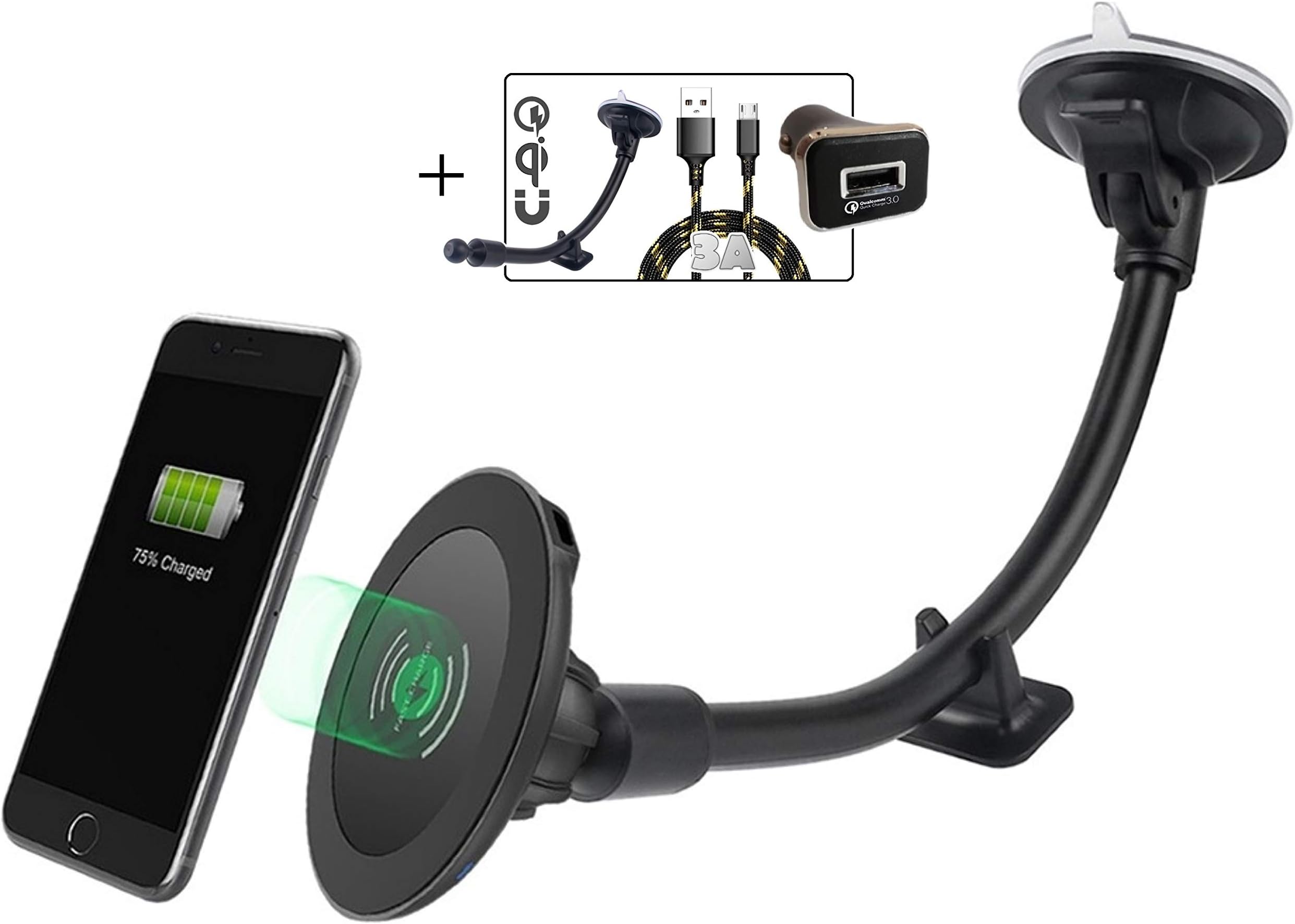 Magnetic Wireless Car Charger, 2BConnect Premium Strong Mount Boost Charging Kit Includes CQ3.0 Adapter, 3A Cable for Qi Enabled Device Such as iPhone X 8/Plus, Samsung Galaxy S9/S8 + Edge