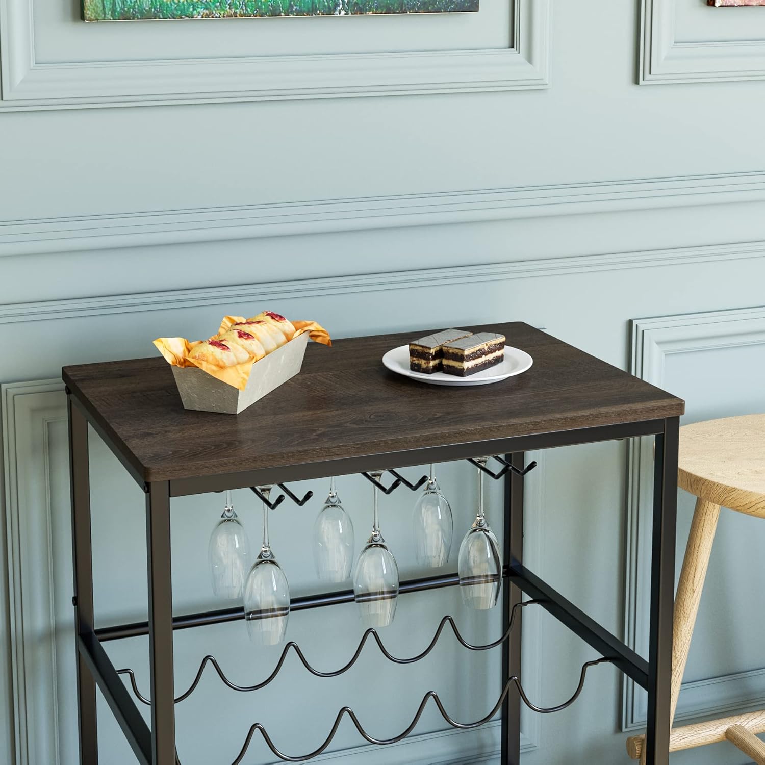 HITHOS Industrial Bar Carts for The Home, Mobile Bar Serving Cart, Wine Cart on Wheels, Beverage Cart with Wine Rack and Glass Holder, Rolling Drink Trolley for Living Room, Kitchen, Dark Brown - Bar & Serving Carts