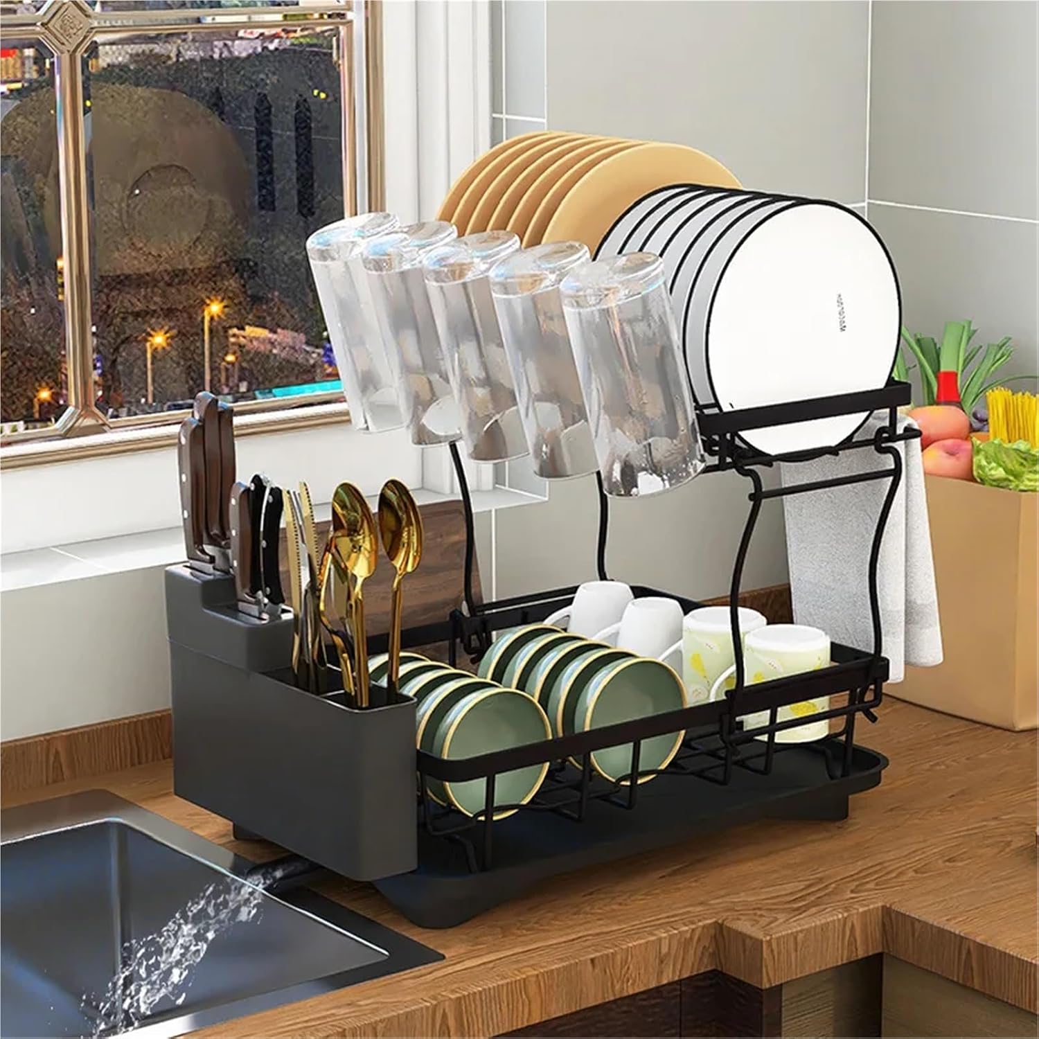 Kitchen Storage Rack Sink Dish Rack Household Multifunctional Bowl and Chopsticks Dish Storage Rack Single and Double Layer(Telescopic)