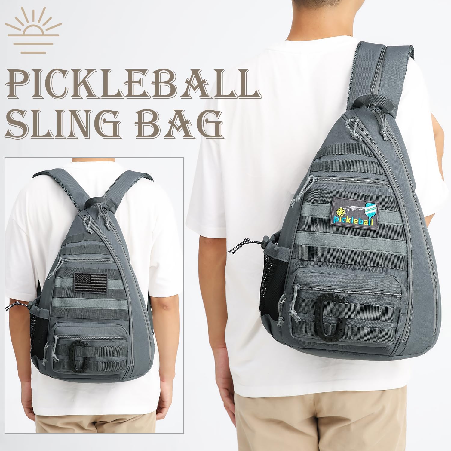 Pickleball Bag, Tactical Pickleball Backpack for Women Men, Adjustable Sling Bag with Fence Hook Water Bottle (Includes 2 Patches+1Carabiner), Grey