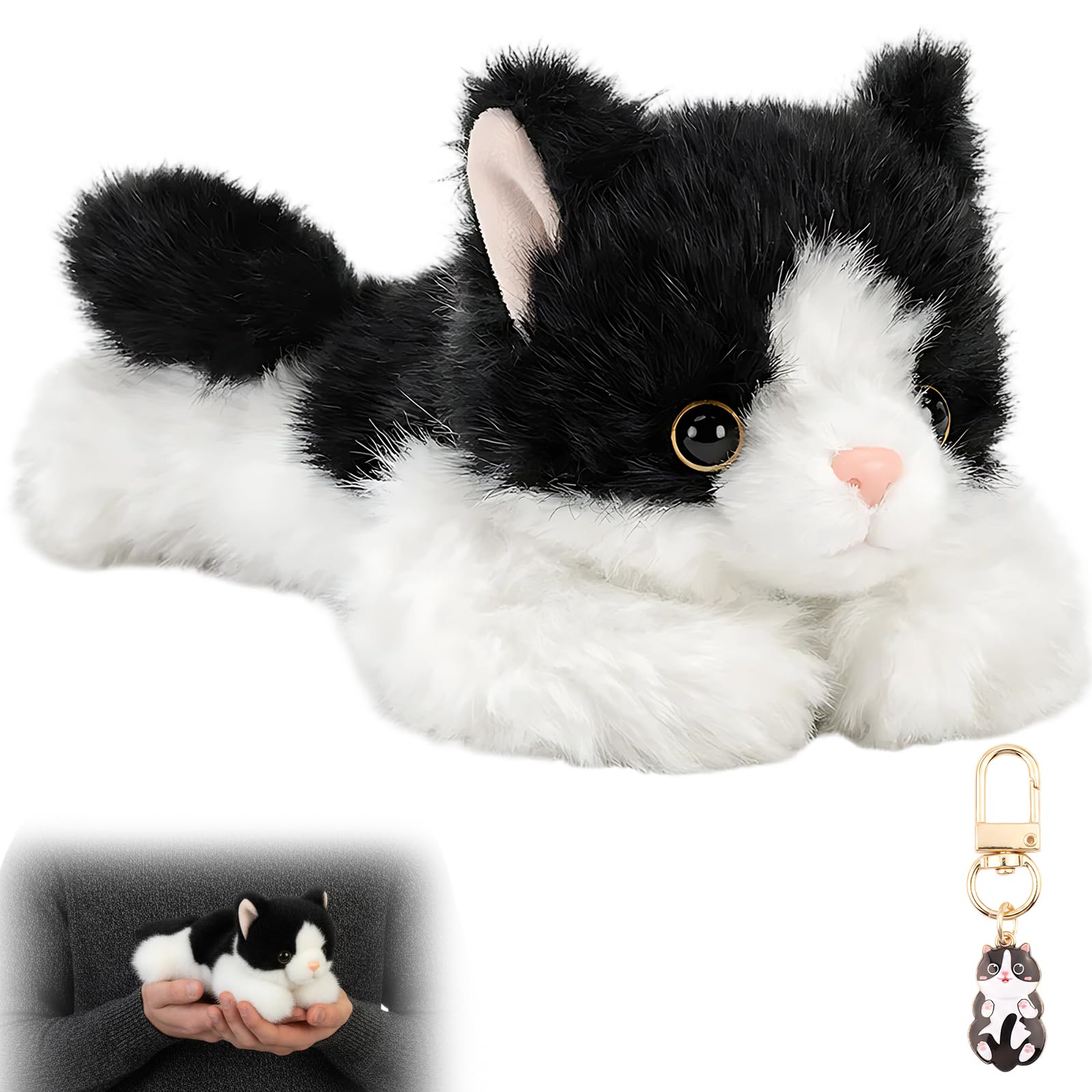 2PCS Cat Plush Set with Keychain, Plush Cat Black and White, Cat Shaped Stuffed Item