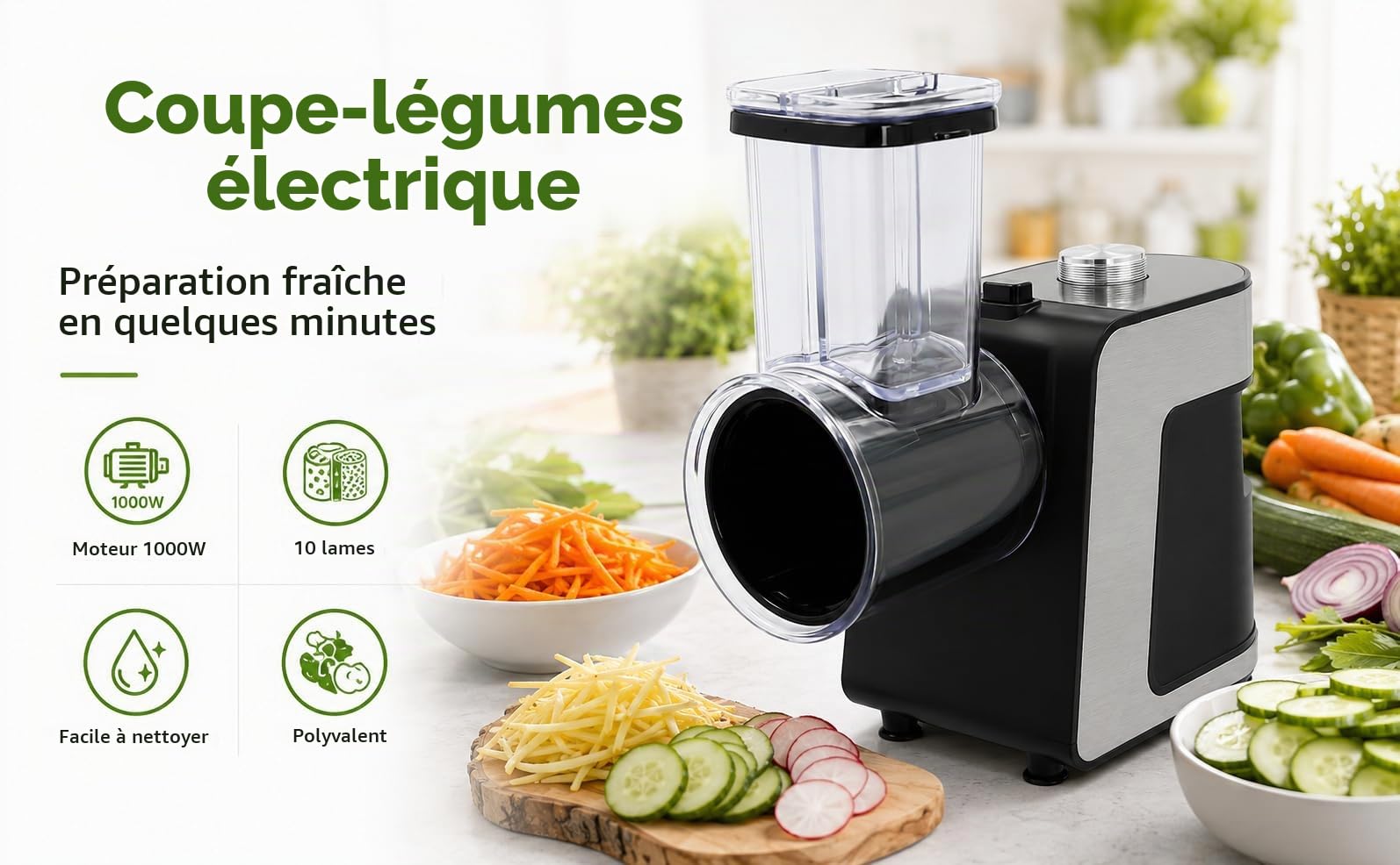 1000W Râpe a Légumes Électrique Avec 10x Lames en acier inoxydable, Découpe Légumes Électrique pour Carottes, Fromage,Concombre,Oignons (Noir)