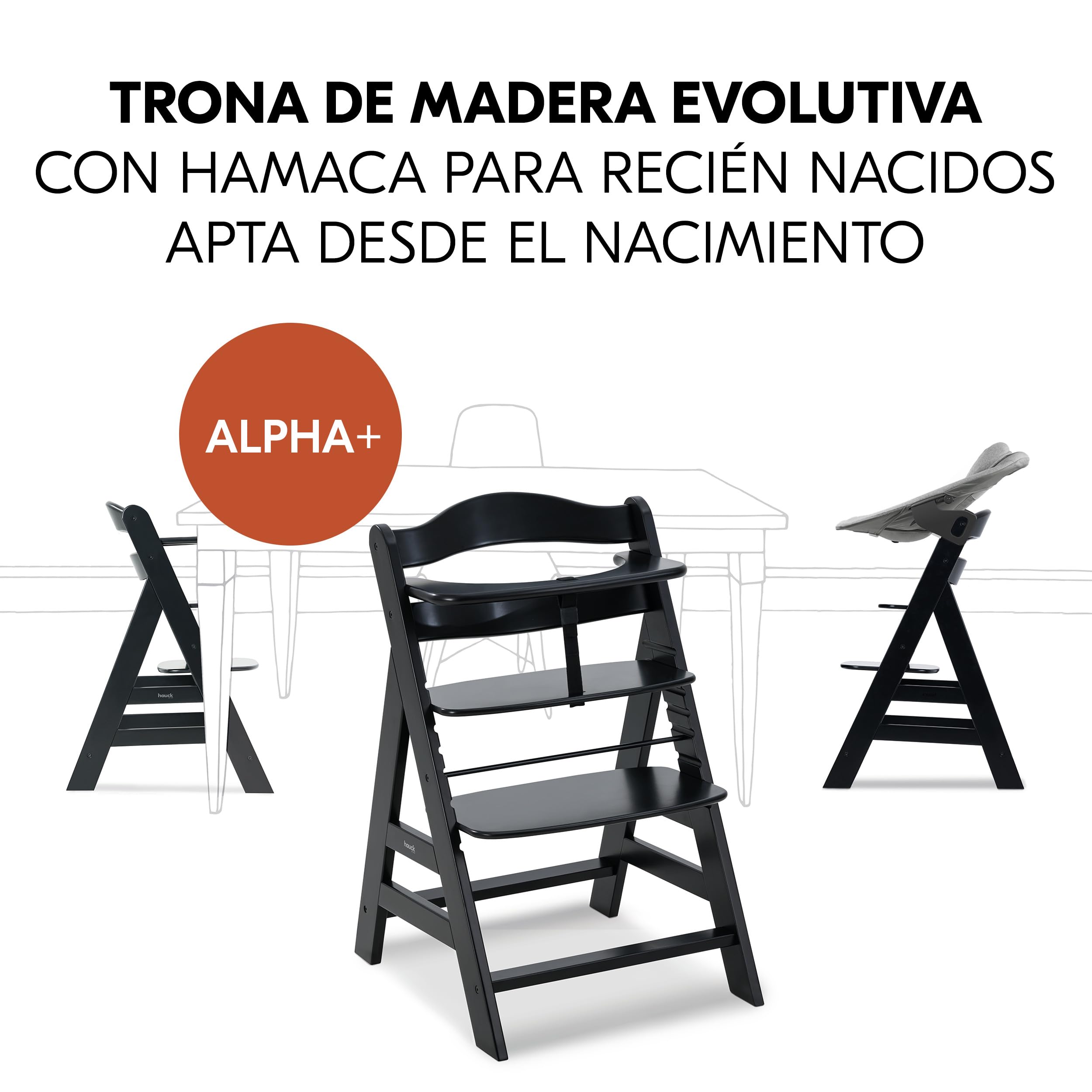hauck Alpha Plus Premium Set de Trona Evolutiva Bebé con Hamaca Reclinable para Recién Nacidos y Cojín de Algodón - Sillas Tronas Madera con Arnés de 5 Puntos