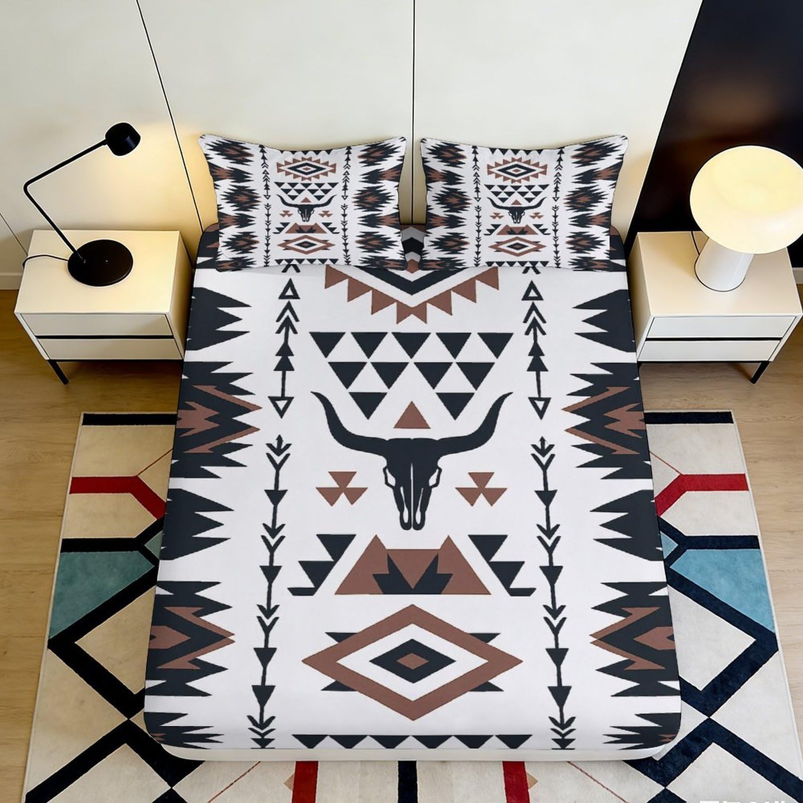 3D Printed Aztec Tribal Fitted Sheet Microfiber Soft Breathable Bull Skull Bed Cover for Bedroom Guest Room Decor 90x200x25cm