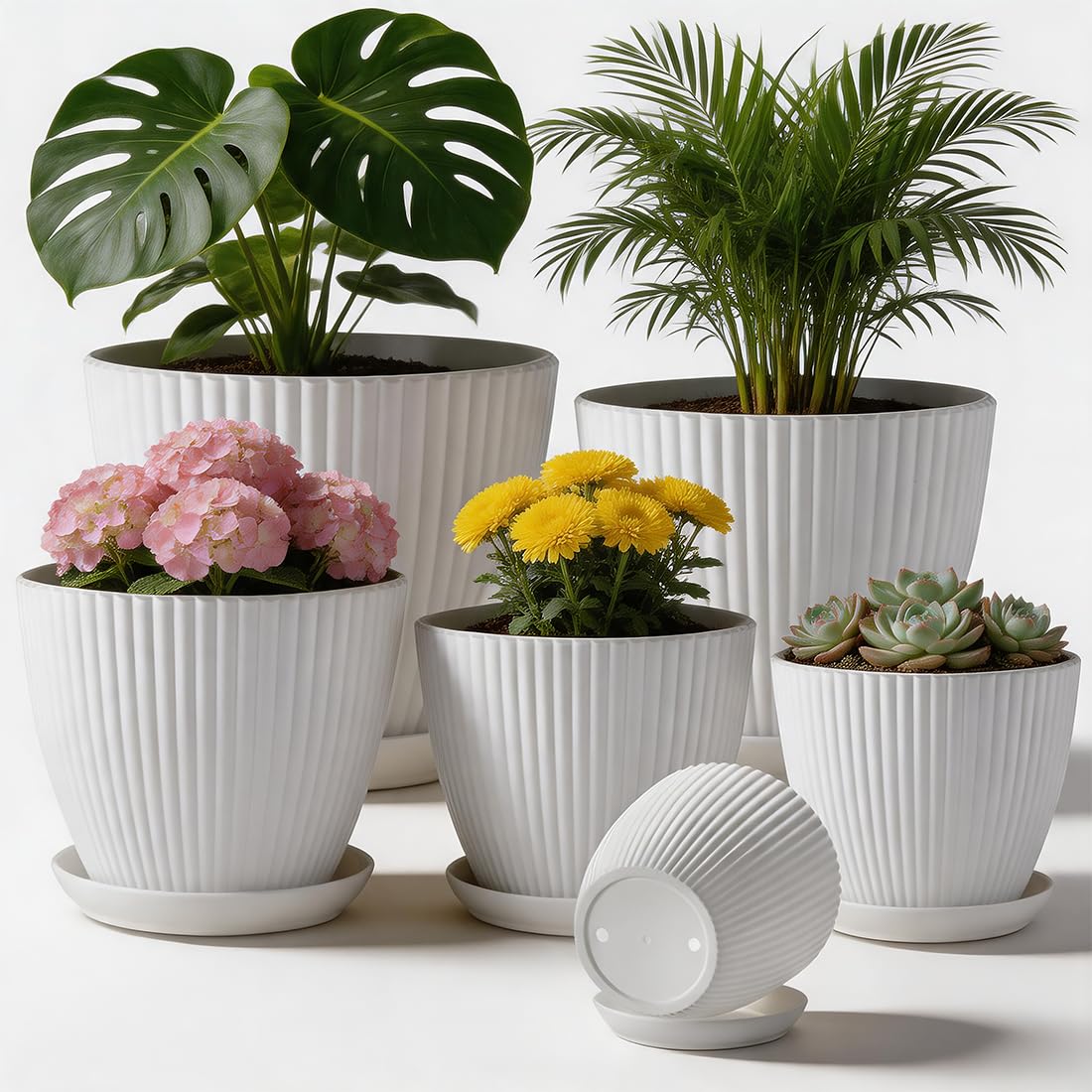 RooTrimmer 7.5/6.5/5.5/4.9/4.2/3.5 Inch Plant Pots with Drainage Holes and Saucer, Plastic Flower Pots for Indoor Plants, Lightweight Planter Pots for Plants, White — image 1