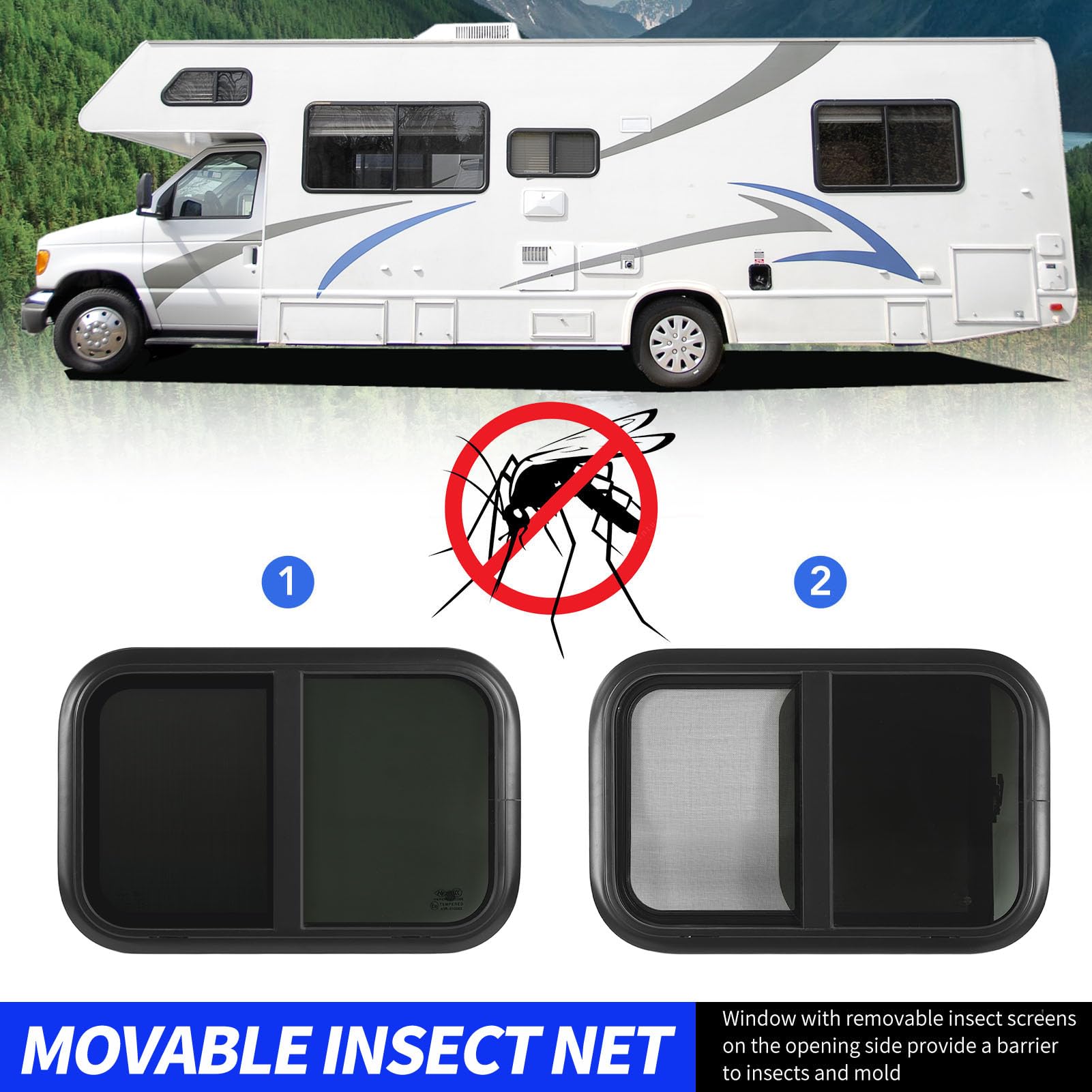 Ausla Fenêtre Coulissante pour Camping-Car, Cadre en Aluminium et Verre trempé, 700x350mm, pour Camping-Cars et Remorques (pour Une épaisseur de paroi de 26 à 31 mm/1)