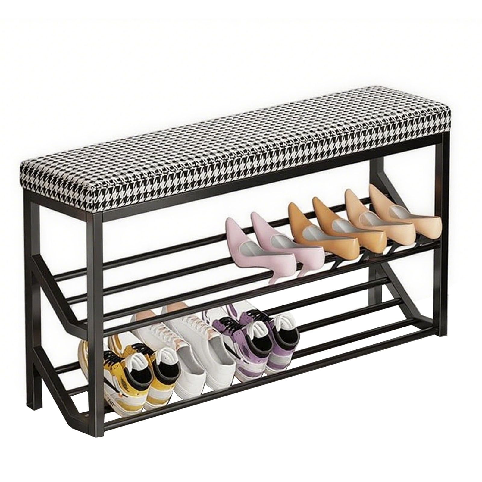 LWJSOCP 2-Tier Narrow Shoe Rack Stool with PU Leather Cushion Metal e for Hallway & Living Room Storage Stylish Entryway nizer (Black 80x20cm)