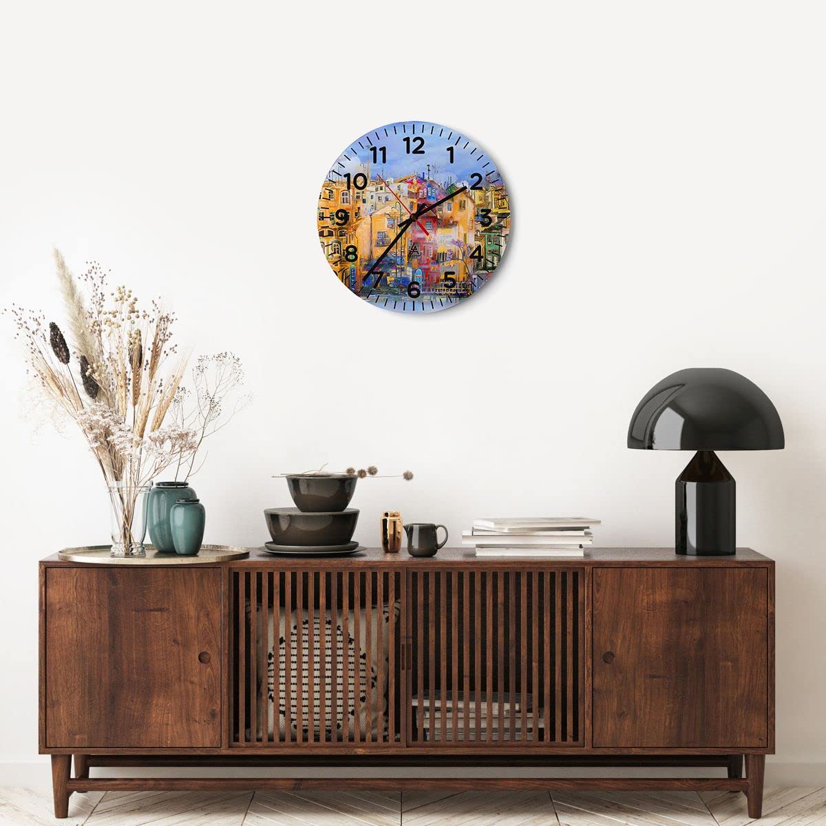 ARTTOR Zegar ścienny na szkle 40x40 cm Nowoczesny stary miasto kamienica dom Cichy zegar na ścianę Sypialnia Kuchnia Deko Dekoracja ścienna Salon Wall Clock Dekor Duży C4AR40x40-3419