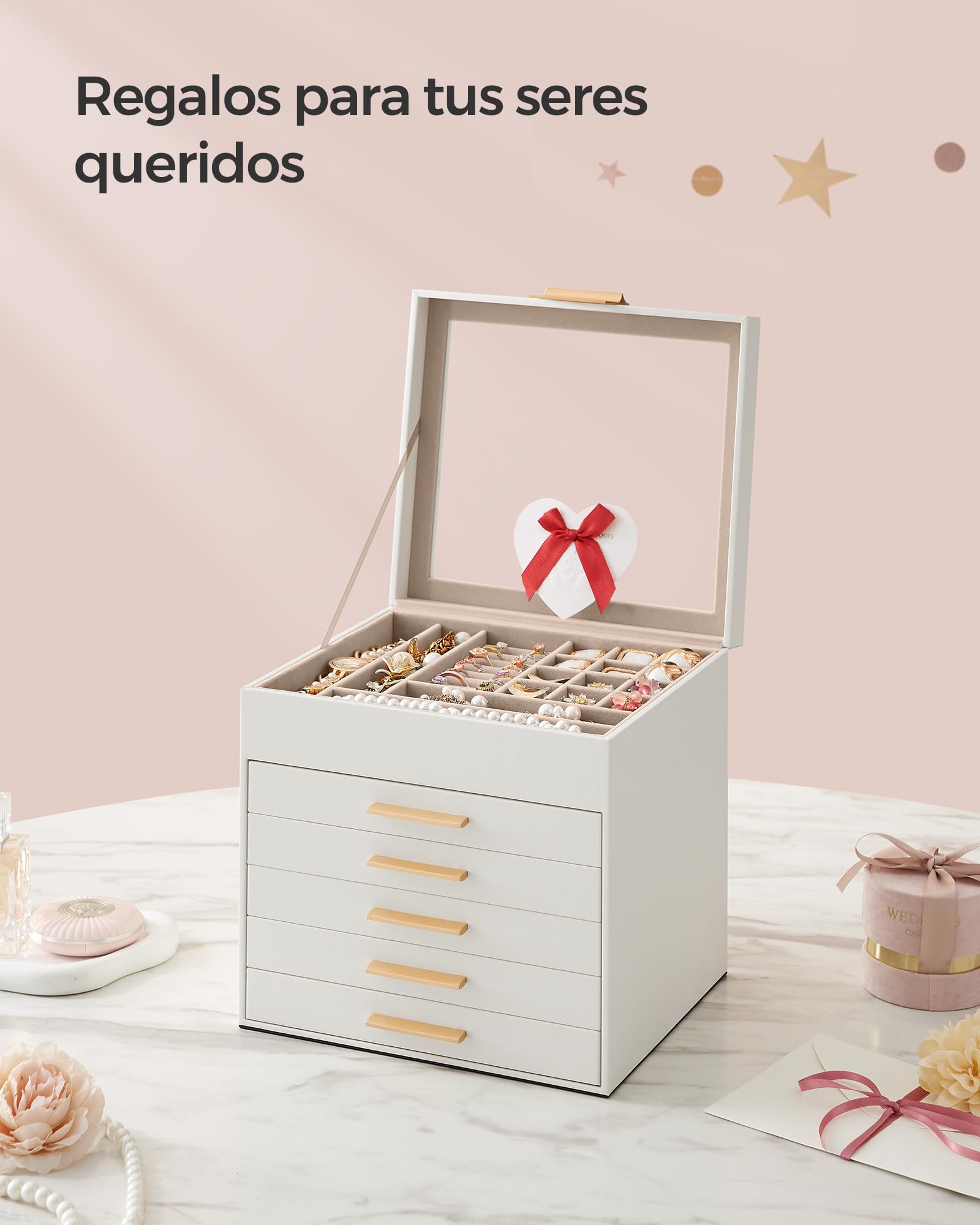 SONGMICS GISELLA Caja de Joyas 6 Niveles 5 Cajones 20,3x23,1x22,8 cm Blanco Nube y Dorado