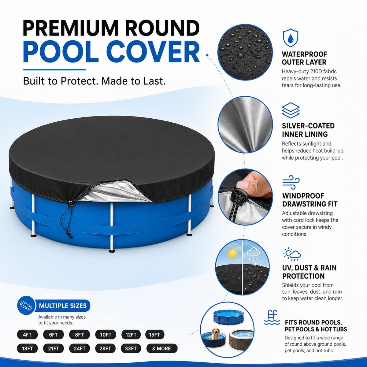 Cubierta Piscina Redonda, Caída 20 cm, 4–33 ft