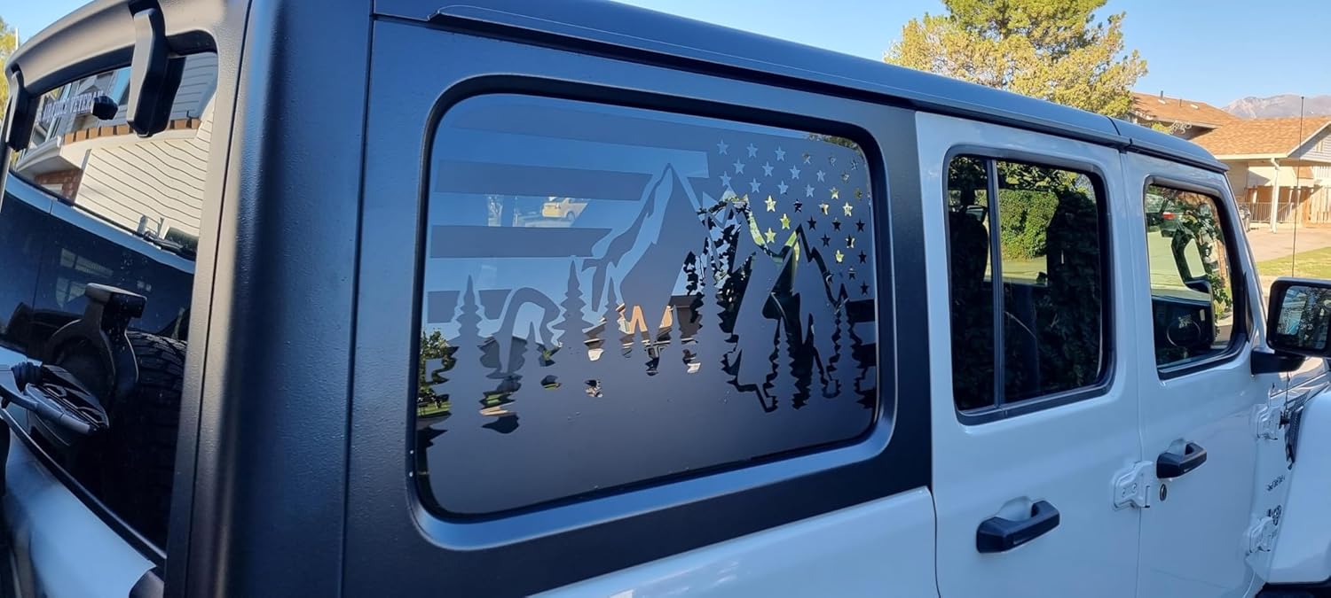 for Jeep Wrangler JL & JLU 2018-2024 Mountain American Flag Rear Window Decals, Matte Black USA Flag Vinyl Stickers 2PCS, Patriotic SUV Truck Window Graphics Exterior Accessories