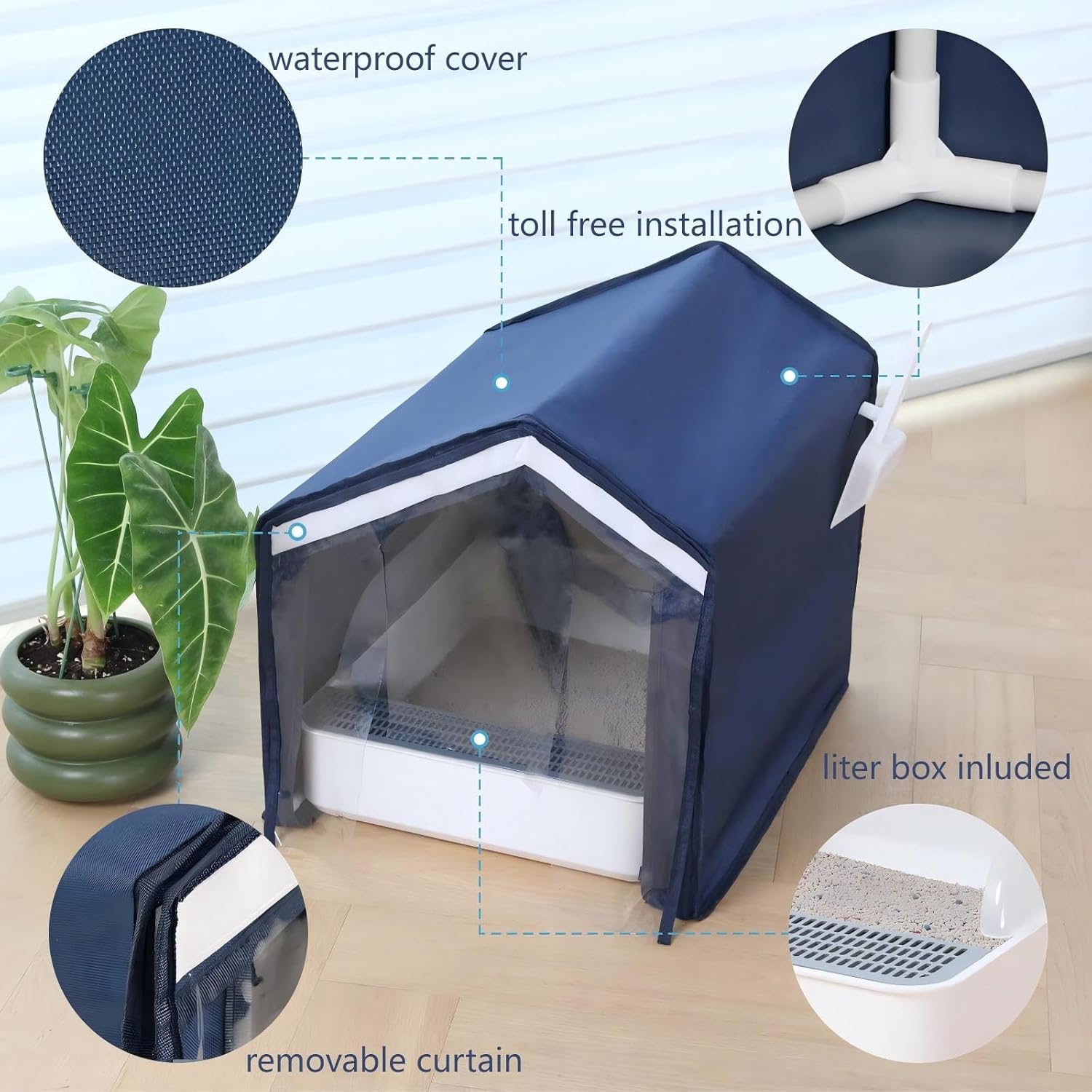Foldable Cat Litter Box Enclosure with Splash Guard – Navy Blue Hidden Litter Box Furniture with Scoop Holder, Odor Control & Transparent Door Curtain for Small/Medium Cats