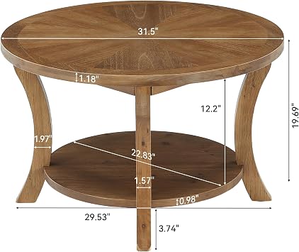 80cm Round Solid Wood Coffee Table with Storage Shelf, 2-Tier Centre Table for Living Room, Modern Wood Accent Furniture for Small Spaces, Living Room, Brown
