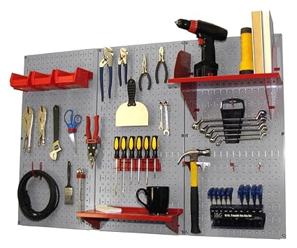 Pegboard Organizer Wall Control 4 ft. Metal Pegboard Standard Tool Storage Kit with Gray Toolboard and Red Accessories