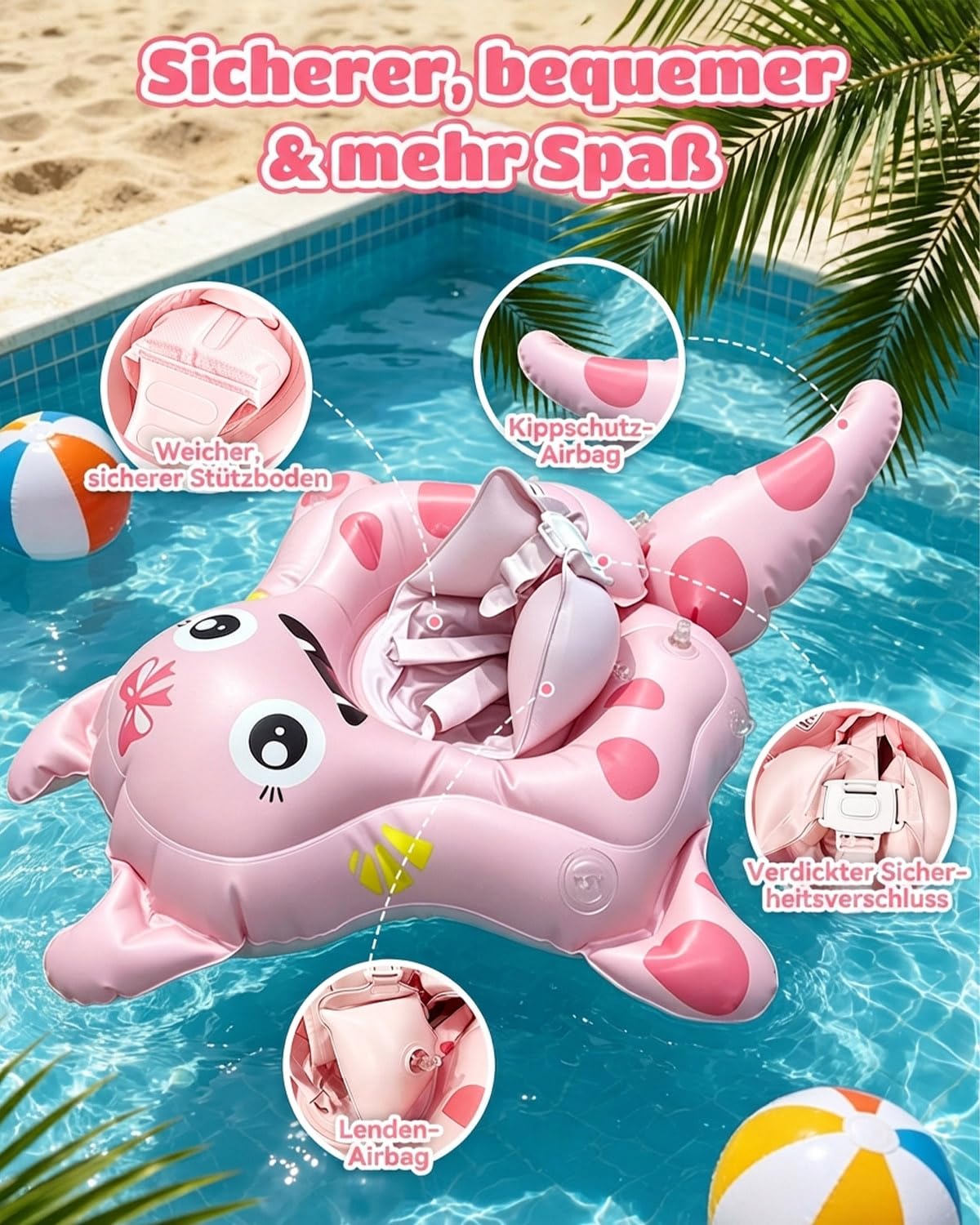 Baby Schwimmring mit UPF50+ Sonnendach Entfernbar, Rosa Premium Baby Float, Schwimmhilfe verstellbare Schultergurte, Schwimmtrainer, mit aufblasbarer Swimming Float für ab 6-36 Monate(7-16kg)
