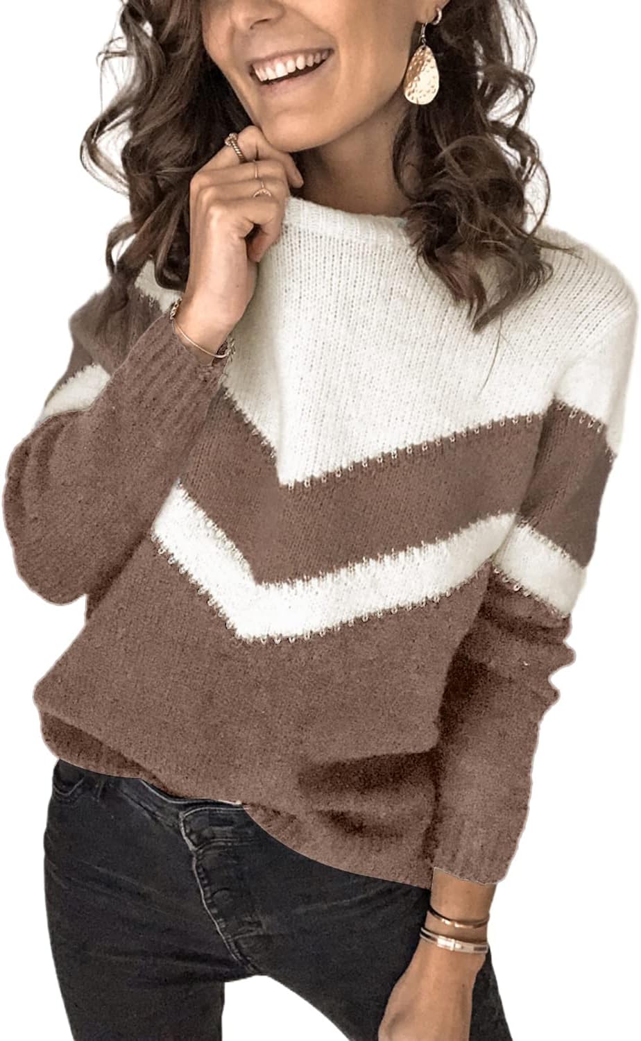 Asvivid Color Block Striped V Neck Sweater for Women Long Sleeve Knit Pullover Jumper Tops