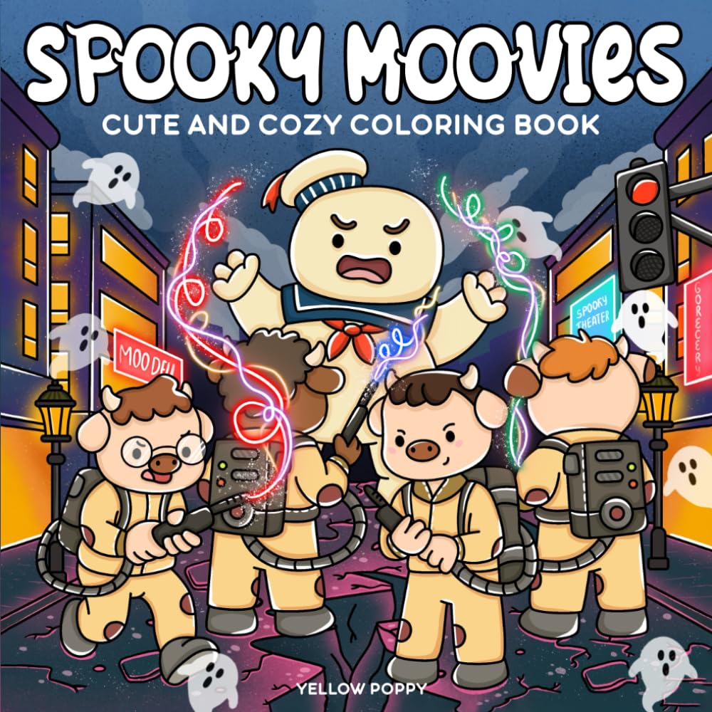 Spooky Moovies: Cute and Cozy Coloring Book for Adults and Teens Celebrating movie-inspired moments and Halloween vibes with 50 hand-drawn designs featuring adorable cow friends for relaxation.