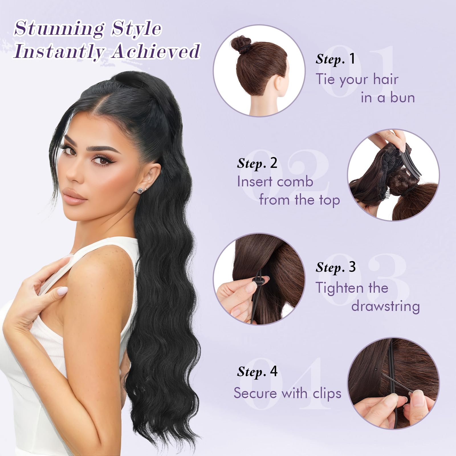 FESHFEN Ondulés Queue de Cheval Extension avec Cordon, 75cm Longue Ponytail Cheveux Naturel Peigne Clip in Postiche Cheveux Synthétique Blond Fraise Extension Cheveux pour Femmes