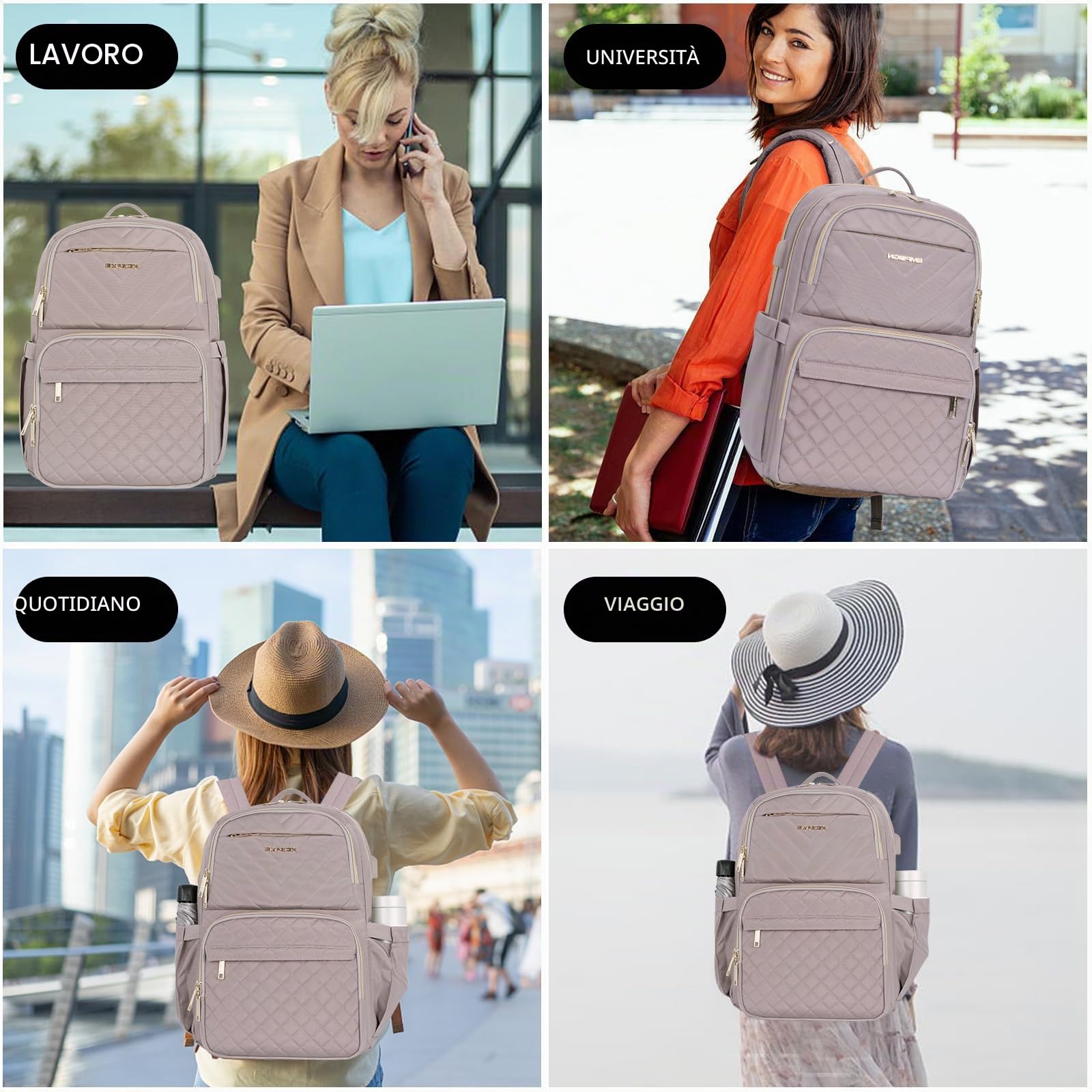 EMPSIGN Zaino Donna 15,6 Pollici con Porta USB, Impermeabile per Scuola, Università, Lavoro, Viaggio e Tempo Libero, Rosa