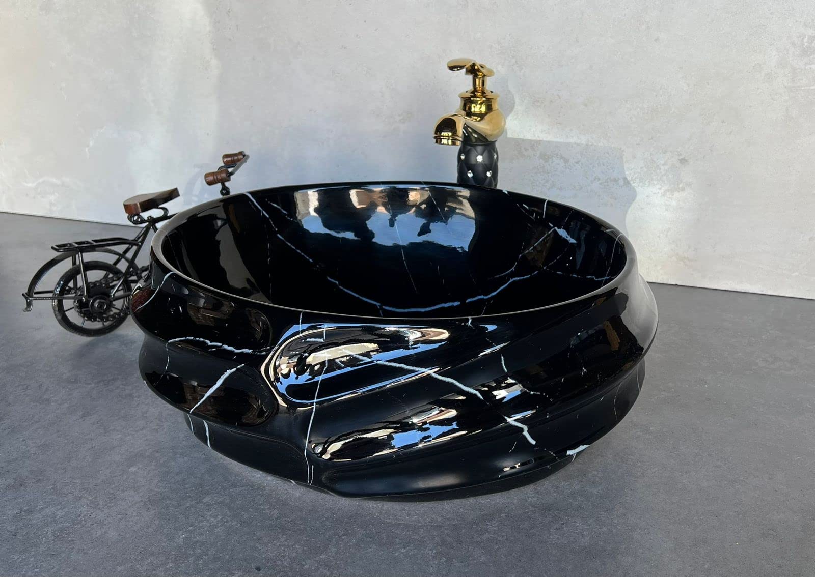 NEXIS Designer Glossy Finish Ceramic Art Wash Basin Vessel Sink Table Top | Collapsible Wash Basin (Black White Glossy Art Wash Basin, 16 x 13 x 6 Inch) 1