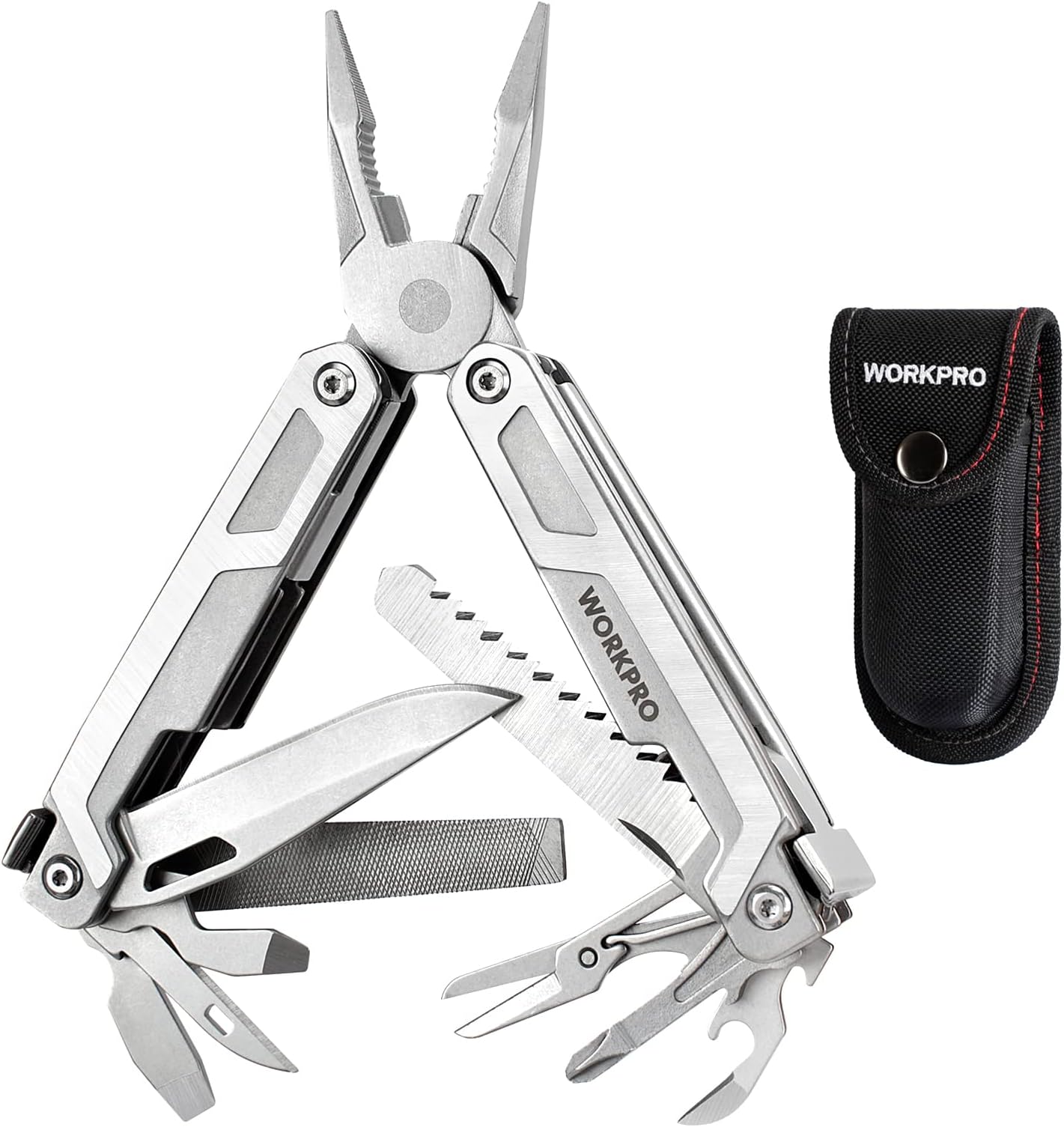 WORKPRO Multitool, 15-in-1 Multi Tool Pocket Knife with Screwdriver, Heavy Duty Multitool Pliers with Safety Locking and Sheath, Perfect for Camping, Fishing and Hiking