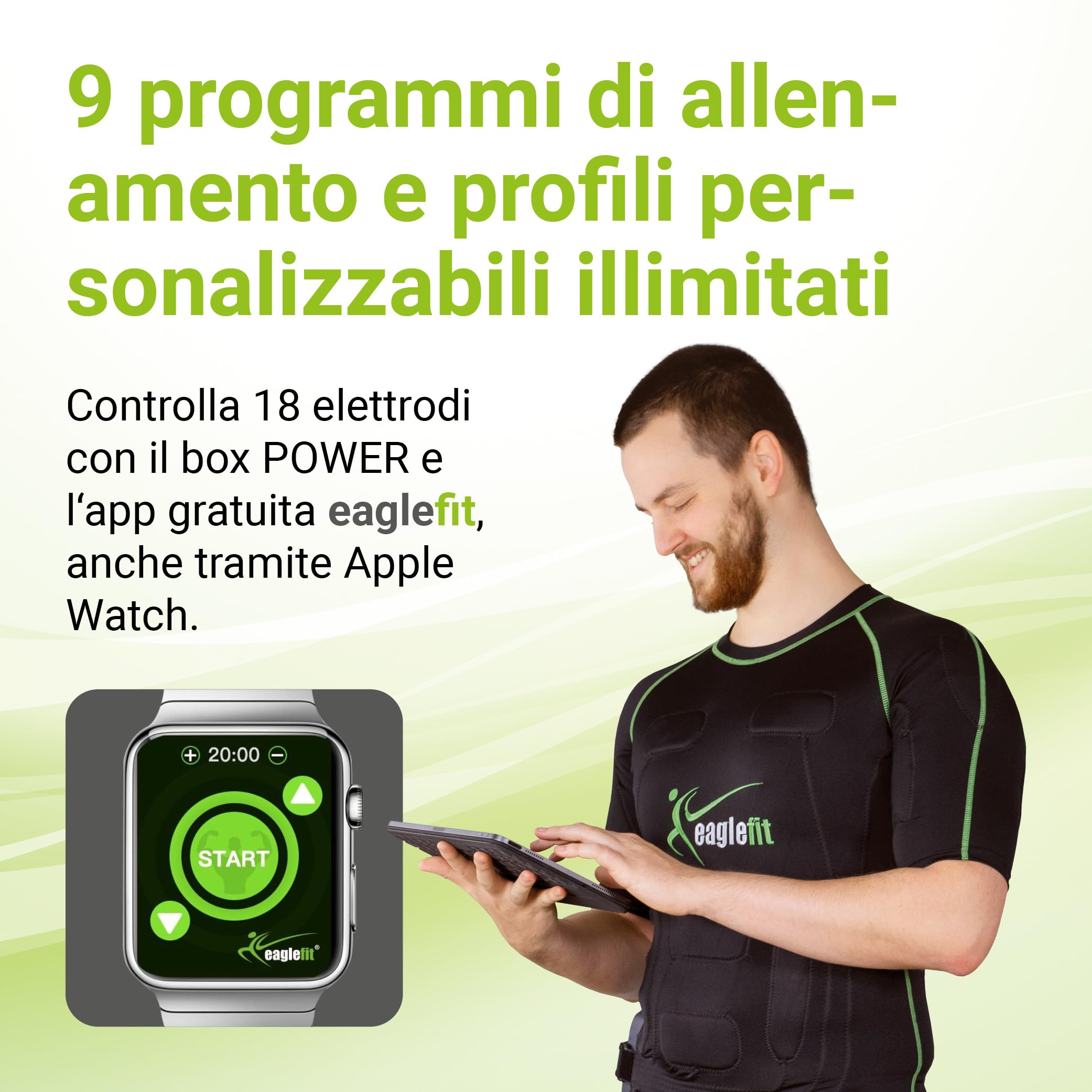 eaglefit Gilet EMS Sistema Completo con 18 Elettrodi – Allenamento Parte Superiore a Casa – Trainer Addominali e Schiena, Sviluppo Muscolare, Elettrostimolazione per Donna e Uomo con App e Centralina
