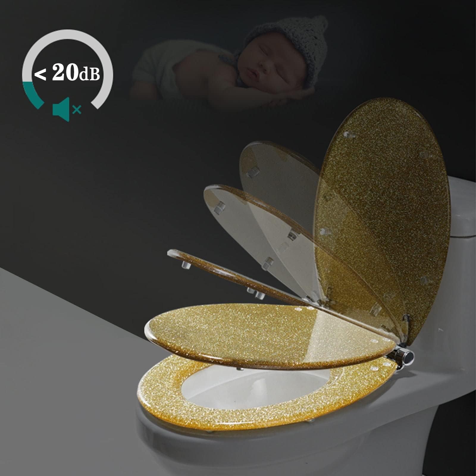 Błyszcząca owalna deska sedesowa 36 * 42 cm, deska sedesowa z żywicy z cichym zamykaniem i szybko zwalnianymi zawiasami, mocowanie górne łatwe w instalacji i czyszczeniu,Gold