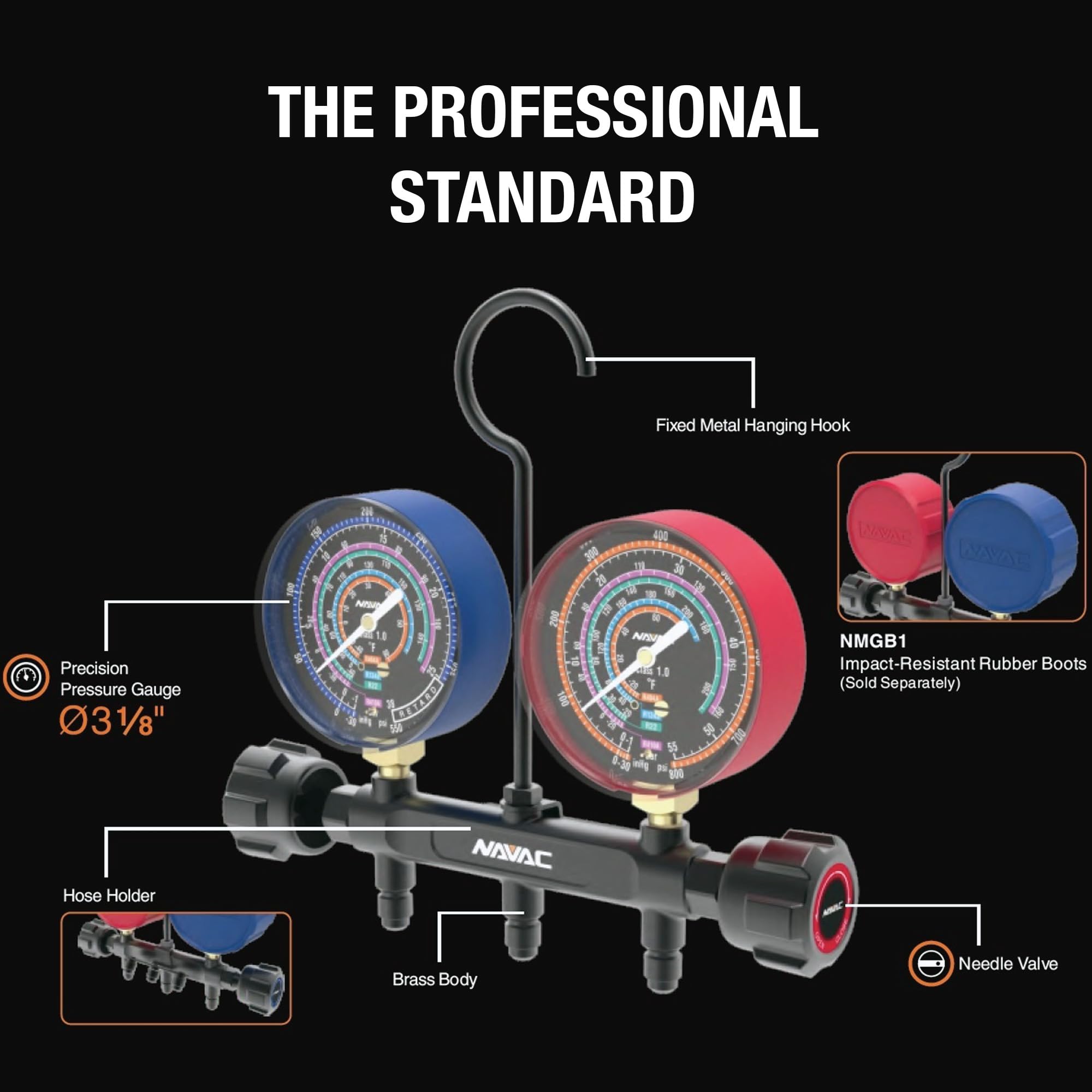 NAVAC NMG12A Pro Manifold Gauge - Brass Body with Needle Valve