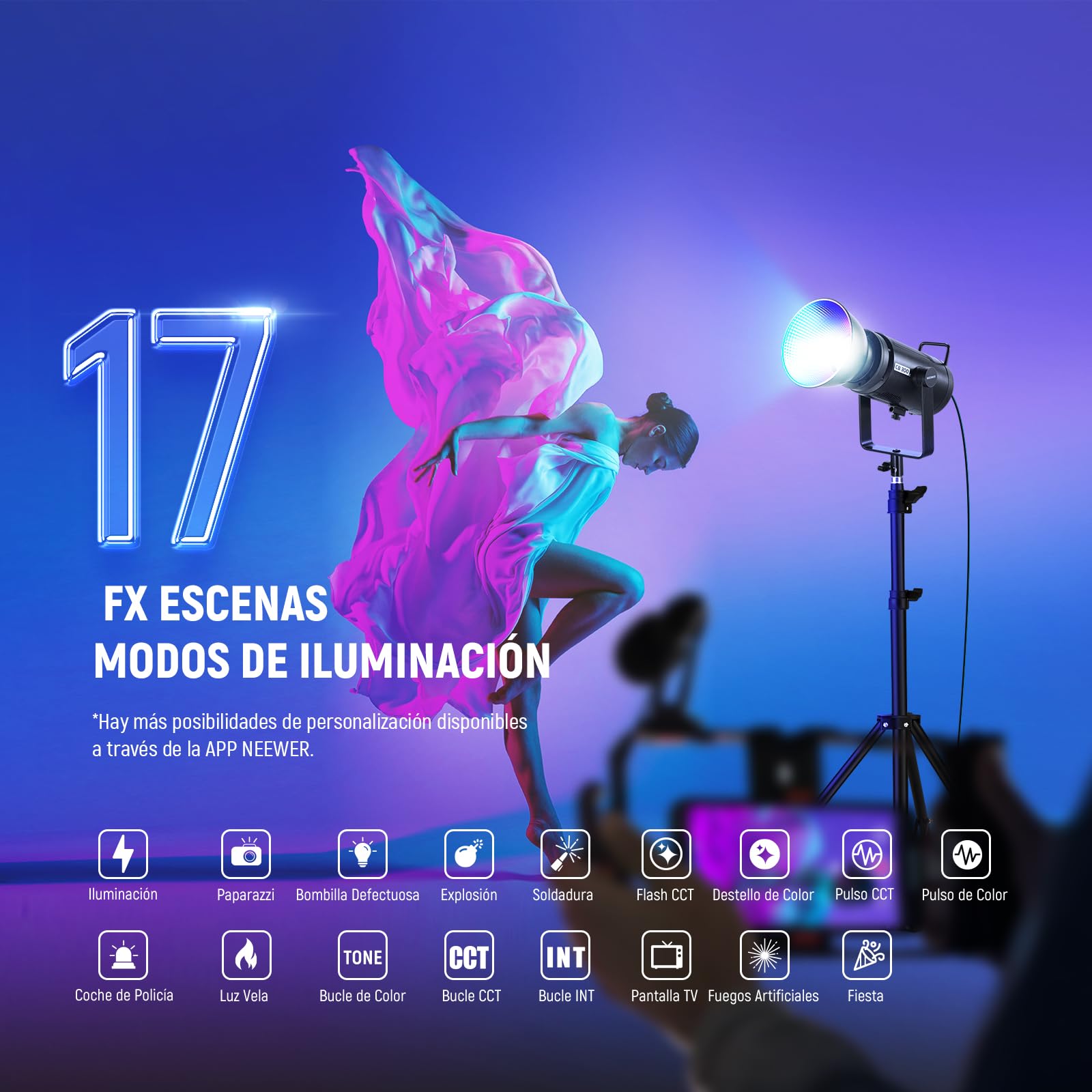 NEEWER CB 300C Luz Vídeo LED 300W con Reflector, Montaje Bowens, 155000Lux/1m 5600K COB Iluminación Continua CRI97+/TLCI97+ Foco Estudio Regulable, App/2,4G/Control Integrado para Grabación Películas