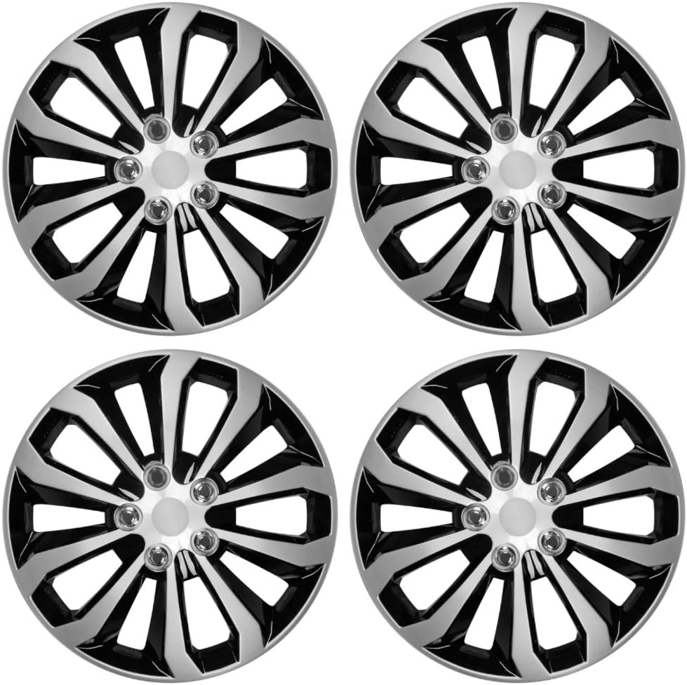 CarXS Two-Tone Style Hubcaps 16" Wheel Covers, Black & Silver Model Cover, Four (4) Pieces Corrosion-Free & Sturdy Full Heat & Impact Resistant Grade, 4 Piece Set