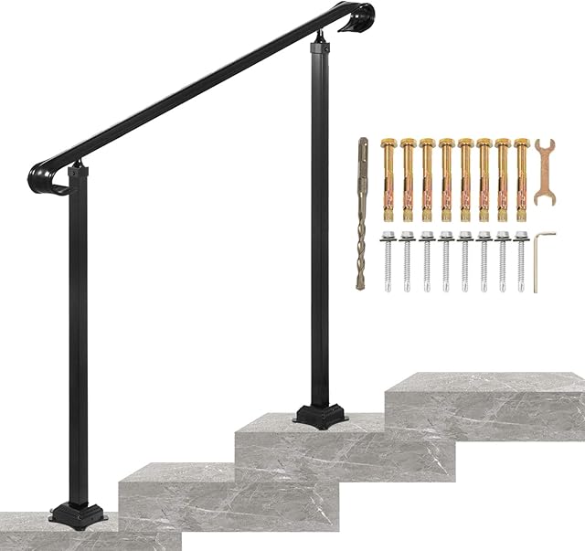 VEVOR Wrought Iron Handrail, Fit 2 or 3 Steps Outdoor Stair Railing, Adjustable Front Porch Hand Rail, Black Transitional Hand railings for Concrete Steps or Wooden Stairs with Installation Kit