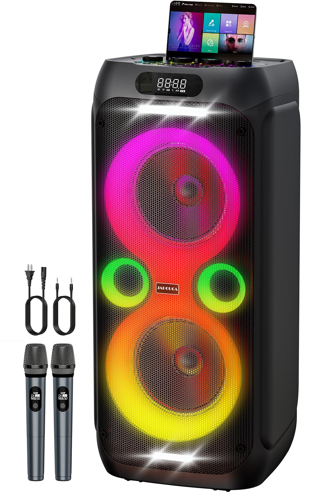 Karaoke Machine,Party Speaker Bass Boost w/Double 8" Woofer,Big Portable Bluetooth Speaker, 2 Wireless Microphone,24H/EQ/REC/RGB Light/Echo,Supports TWS/TF Card/USB/AUX/Live for Home Party