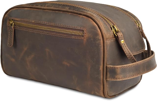 LEATHER VILLAGE Prime Leather Toilettes Voyage avec doublure imperméable pour les hommes & Femmes - Sac de kit Dopp vintage de taille King fabriqué à la main