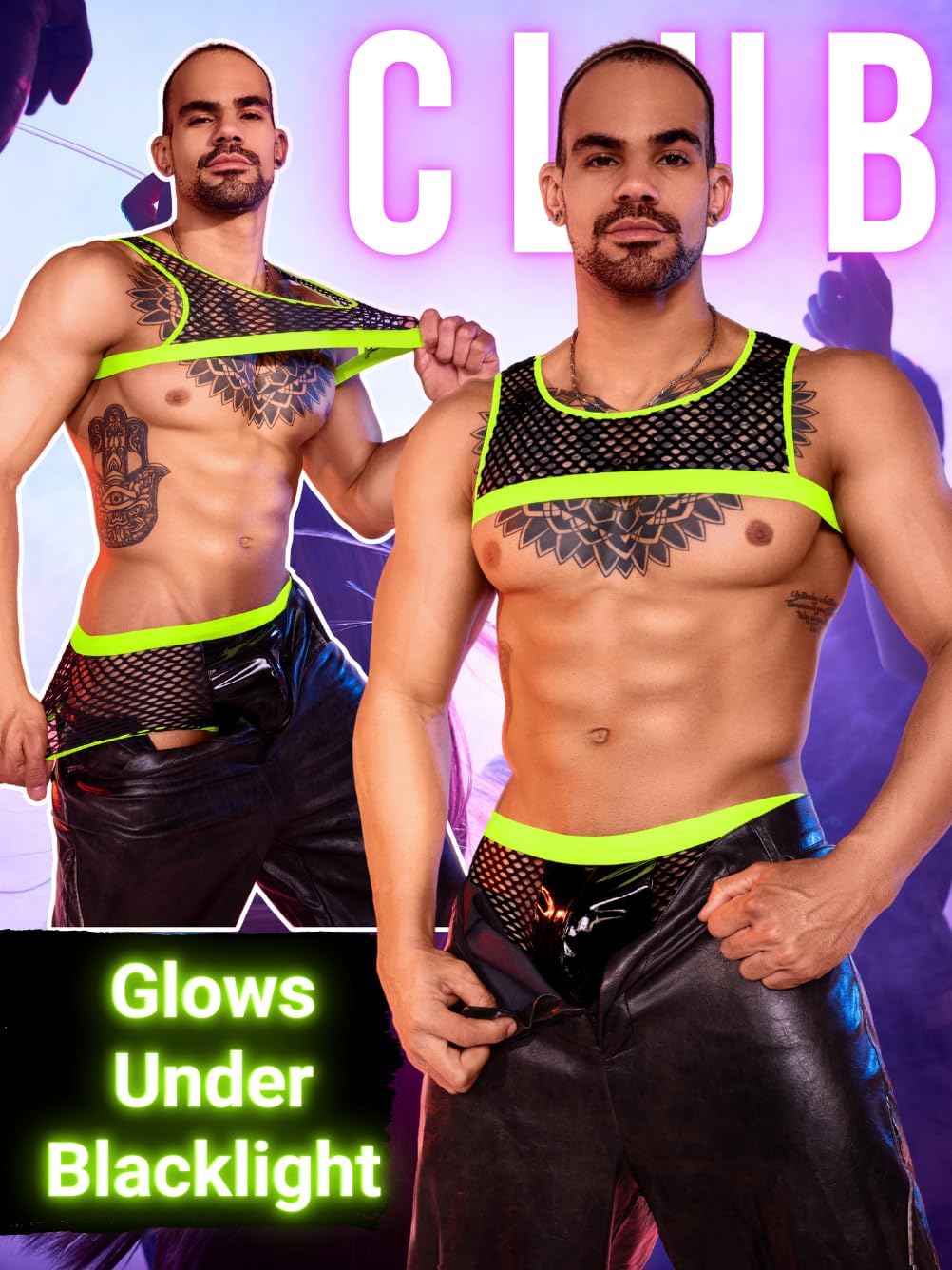 ChiaoLezhee Crop Top For Men, Sheer Fishnet Underwear, Mens Shirt Lingerie Set, Sissy Clothes Glow Rave Man Mesh Sexy Gay