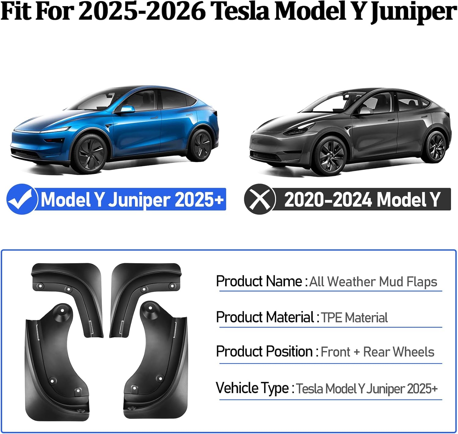 Mud Flaps Compatible for Model Y Juniper 2025 2026,All-Weather Splash Guards,Front & Rear Set of 4,No-Drill Installation,Eco-Friendly PP+TPE Mud Guards with Hardware