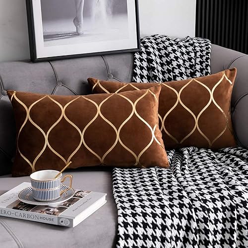 DEZENE Gold Velvet Throw Pillow Covers: 2 Pack 12x20 Inch Rectangular Decorative Pillow Cases for Bedroom Sofa Couch Living Room, Light Brown