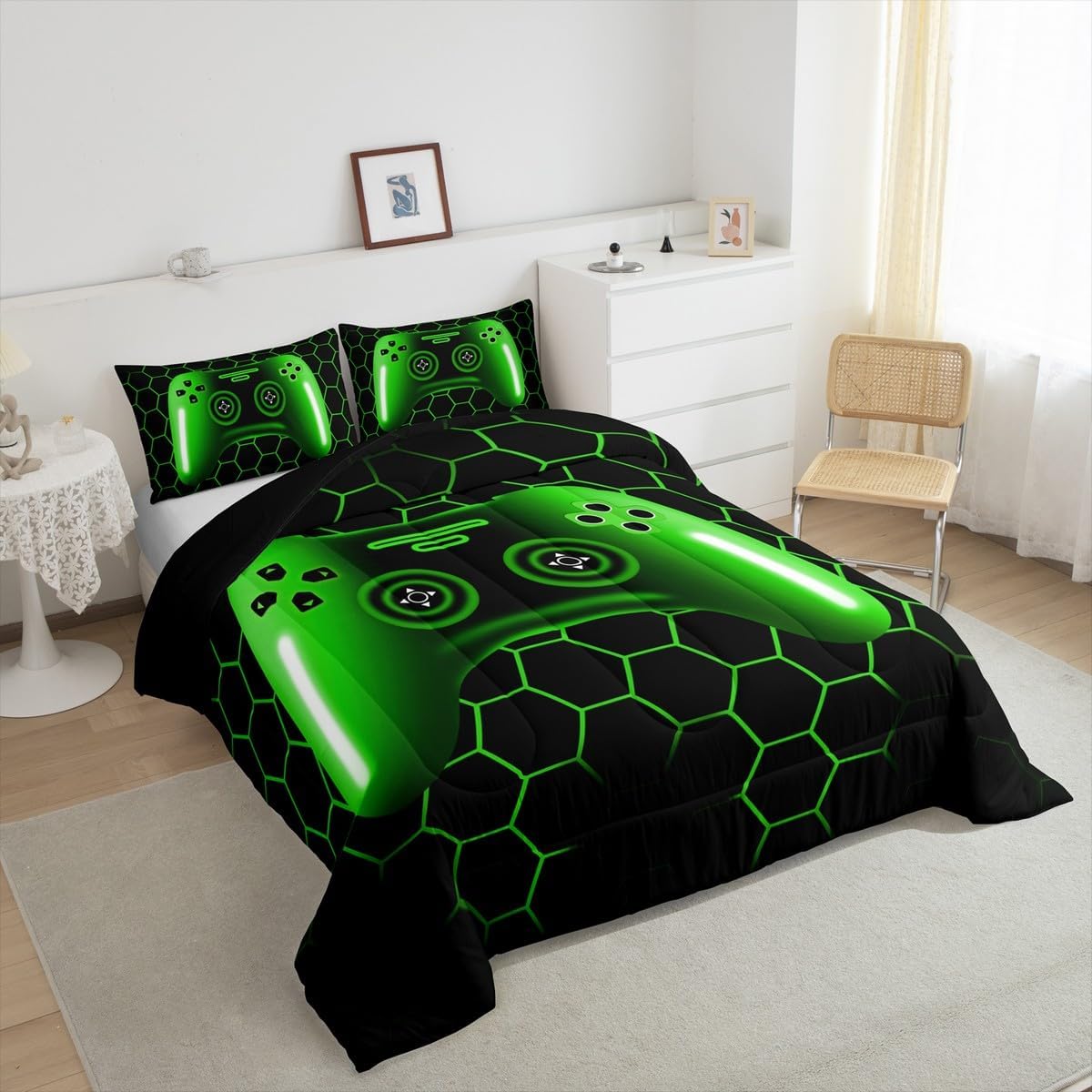 Erosebridal Gamer Comforter Set for Boys Bedding Set 3 Pcs Video Game Bedding Comforter Sets for Kids Teen Boys,Black and Green Ombre Gamepad Gaming Bed Sets with Neon Check(Green,Queen)