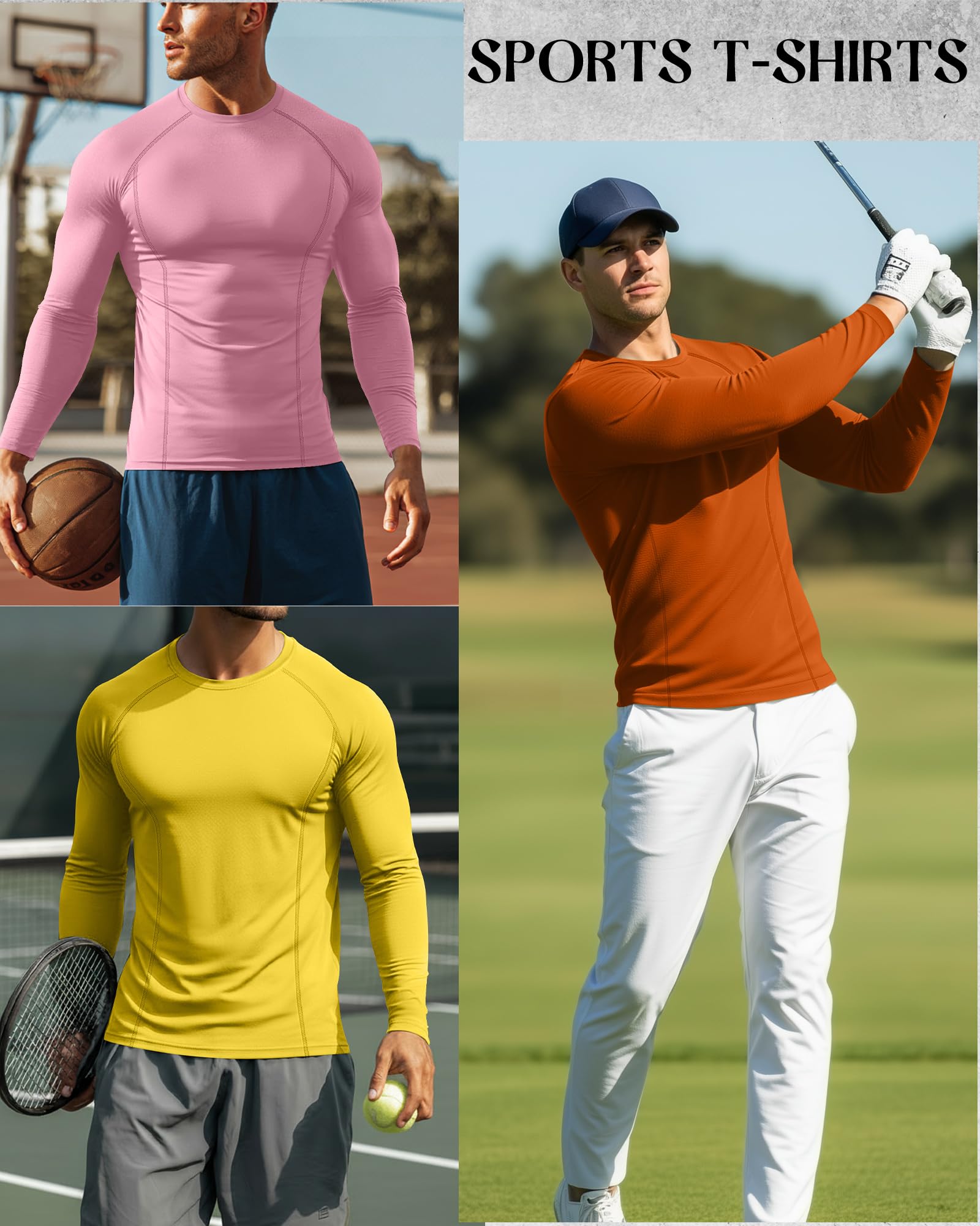 Neer Lot de 4 t-shirts de compression raglan à manches longues et col rond pour homme