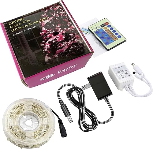 Miniatura 9 de RUICHEN Guirnalda de luces moradas regulables enchufables, 300 luces LED parpadeantes de 99 pies con control remoto, luces de alambre plateado