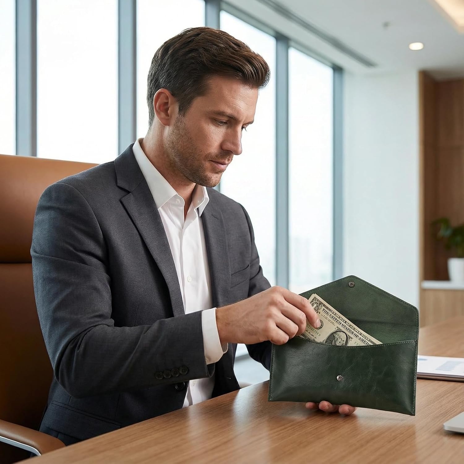 Leather Cash Envelope System Wallet, Reusable Retro Currency Money Bag Dollar Bills Organiser Envelopes Bag for Men and Women (Green) image 5
