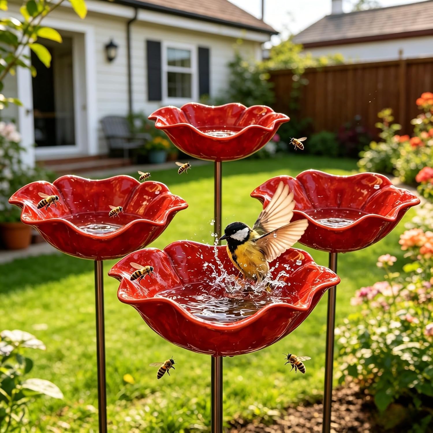 Blumen Gartenstecker Vogeltränke, 4Stk 60CM Bienentränke für den Garten, Metall Gartenstecker Vogeltränke Blume, Insektentränke Stecker für Vögel & Bienen, Metal Flower Garden Stake Bird Bath