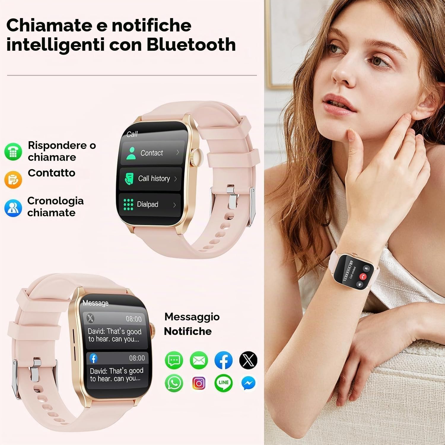 Smartwatch da donna con effetto/risposta alle chiamate, schermo curvo HD da 1,91 pollici, orologio fitness con sonno/cardiofrequenzimetro, 110+ Activity Tracker, impermeabile IP67 Smartwatch