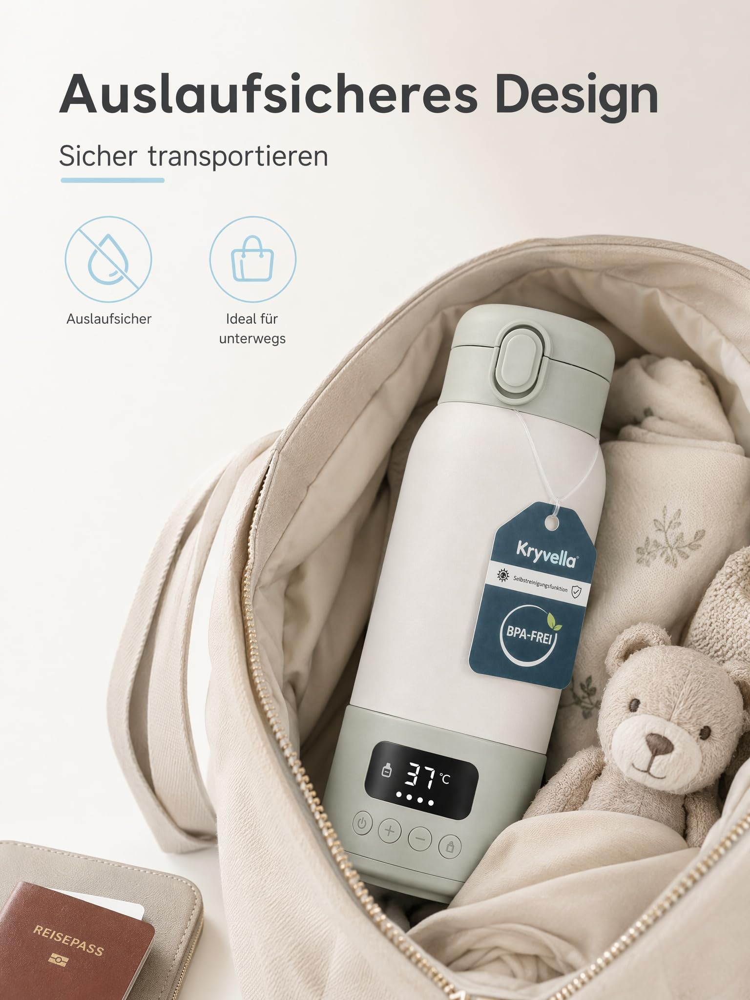 Flaschenwärmer Baby unterwegs mit Akku, tragbar, 500ml für Wasser & Milch | 316 Edelstahl Innenbehälter, präzise Temperaturregelung 35-70°C, 24h Warmhaltefunktion und USB-C Schnellladung