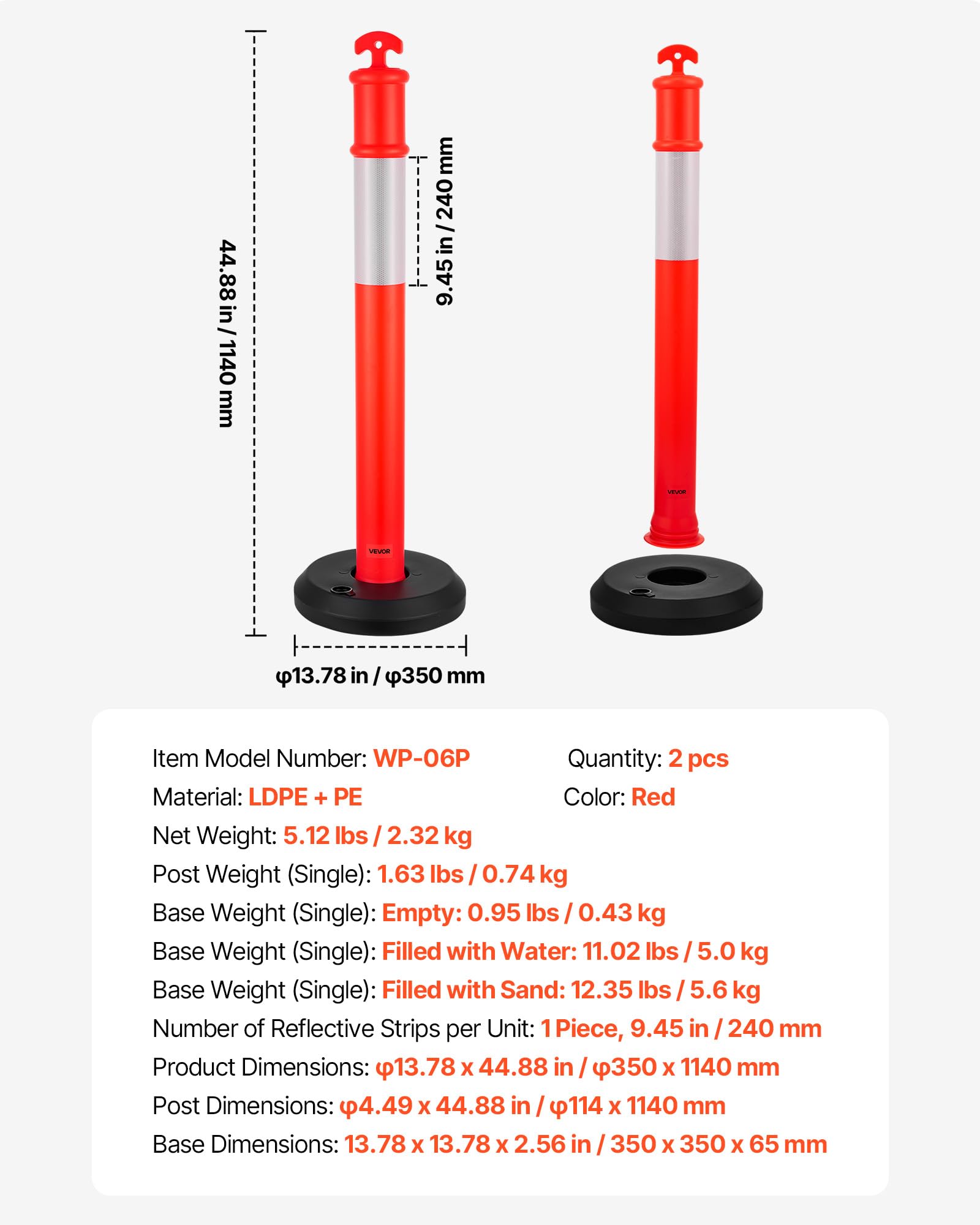 VEVOR Poteau de Signalisation 114 cm, Balise de Délimitation avec Base Remplissable, Bandes Réfléchissantes, Rouge