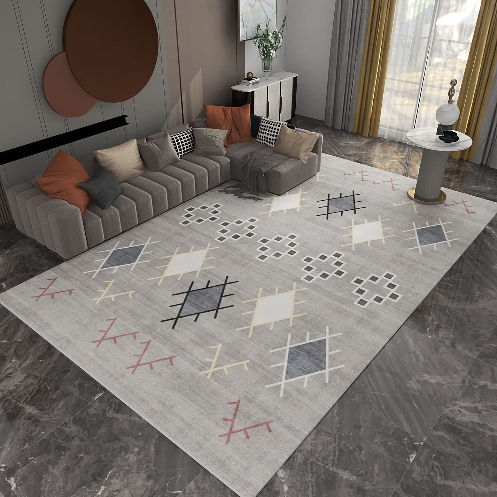 Tapis de salon gris et jaune antidérapant 100x160 lavable pour cuisine moderne