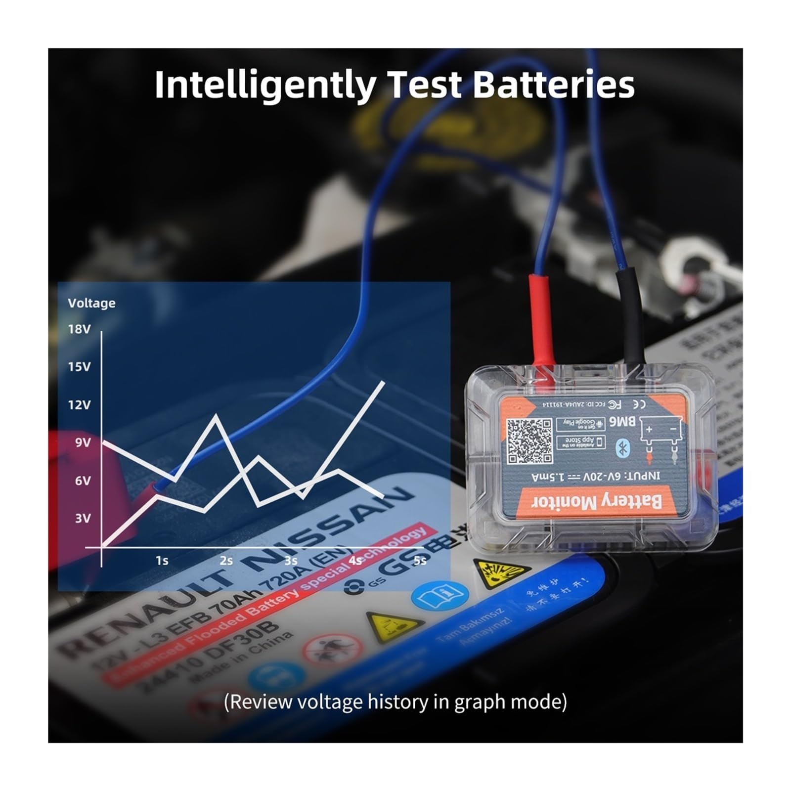 Tester per batterie, BM6 Bluetooth 4.0 Monitor for batteria auto 12V Tester for batteria Ricarica e avviamento Test Analizzatore batteria APP
