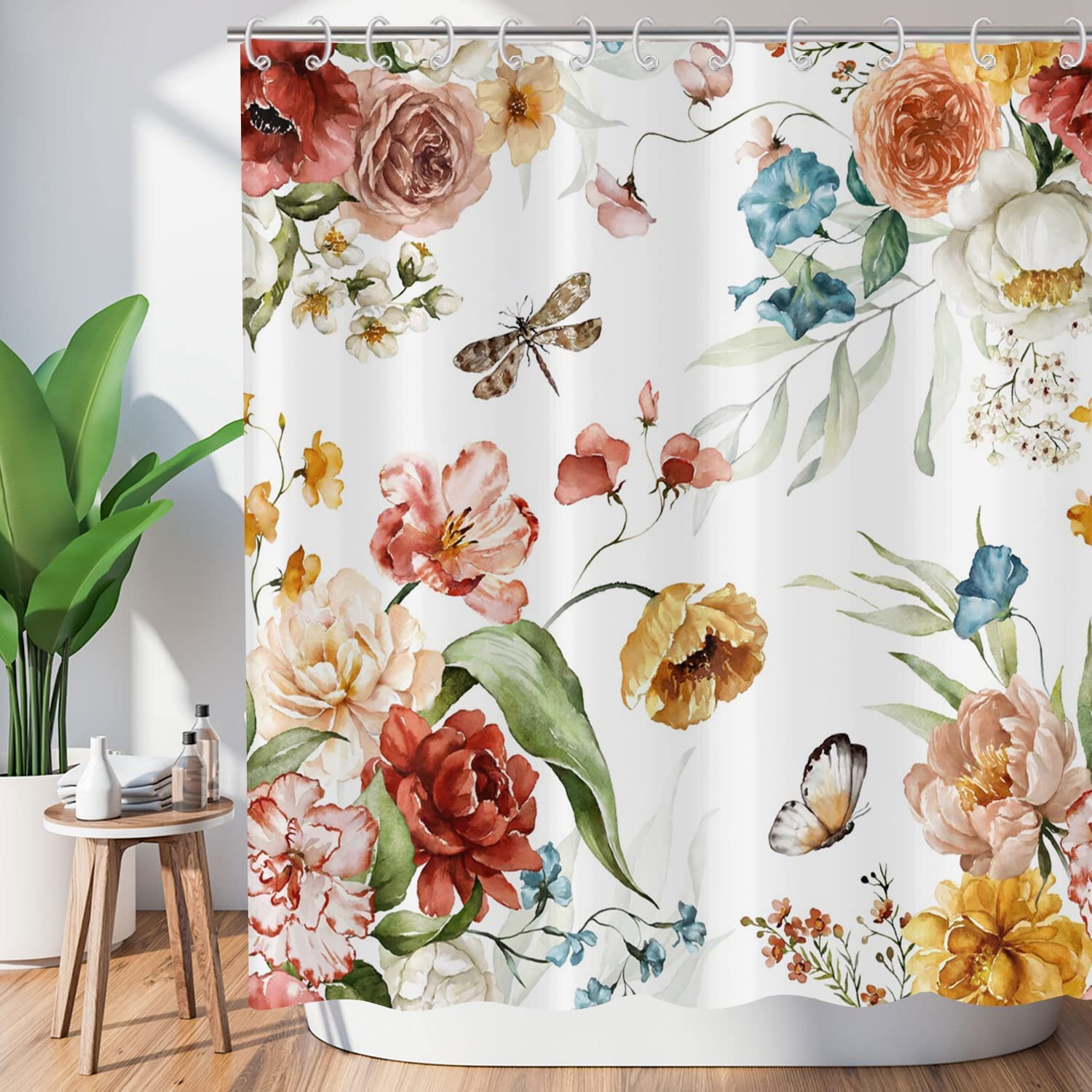 GCIREC Spring Floral Shower Curtain, Colorful Flower Plant with Butterfly Dragonfly Bold Wildflowers Blossom Fabric Bathroom Curtain Home Decor