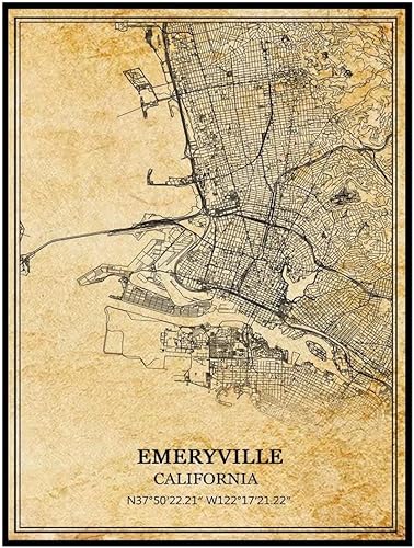 TANOKCRS Emeryville California USA America - Póster de pared vintage, mapa, obras de arte, viajes, recuerdo, decoración del hogar, 16 x 20 pulgadas,